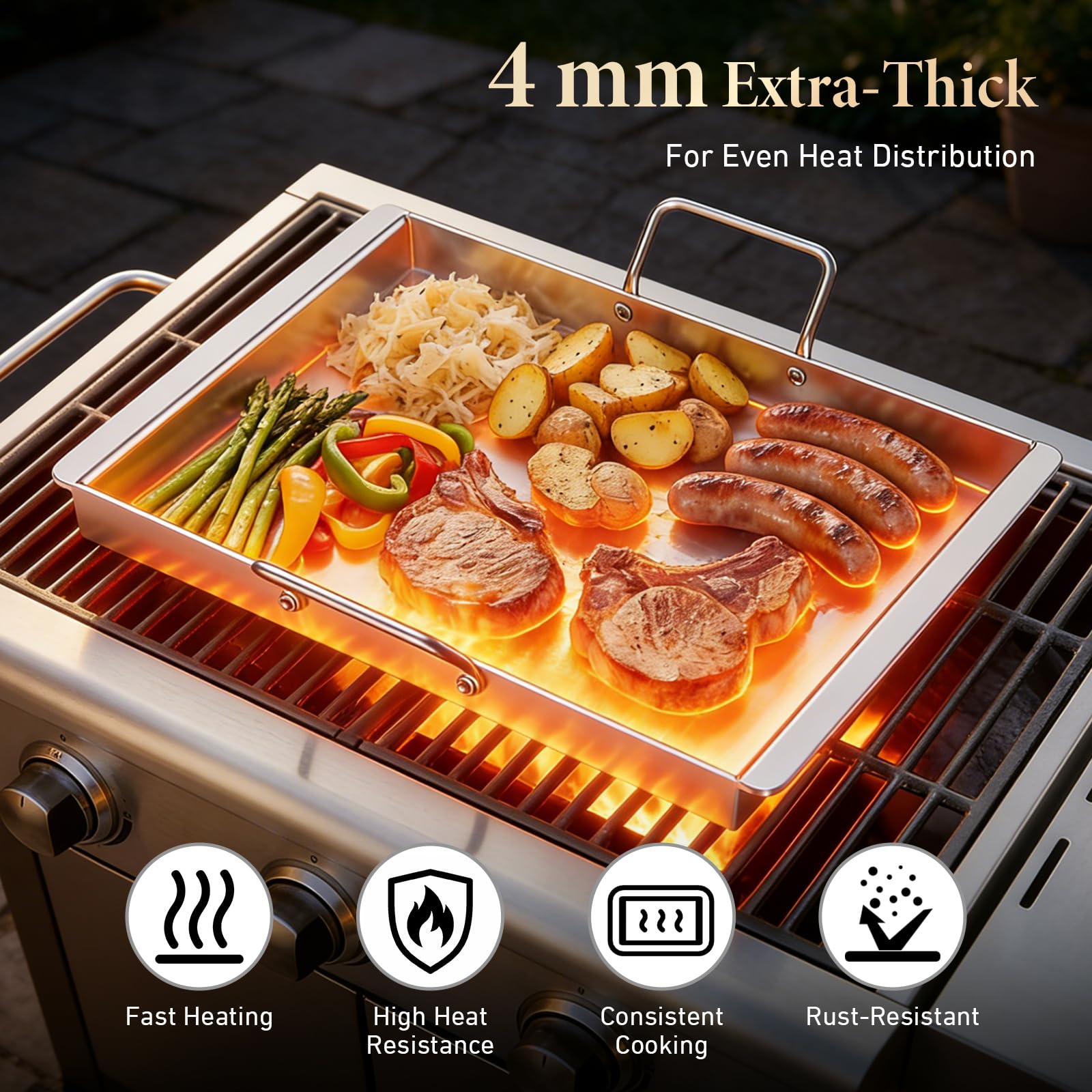 Universal Edelstahl Grillplatte 40x30 cm für Gasgrill - 4mm Massiv Plancha Set inkl. Burger Glocke, 2 Grillspachtel & Abnehmbare Griffe - BBQ Grillplatte für Weber, Enders, Kohlegrill & Backofen