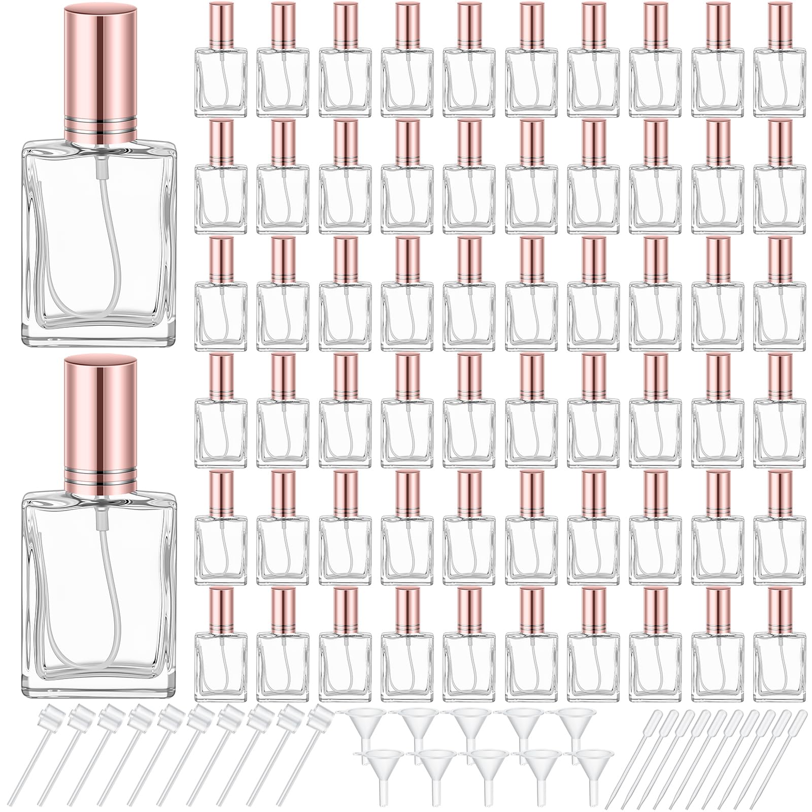 Domensi 60 botellas de perfume de vidrio de 10/15/30/50 ml, mini botellas de vidrio vacías atomizadoras a granel rellenables con herramienta de bomba para el cuidado de la piel de viaje (15 ml, oro