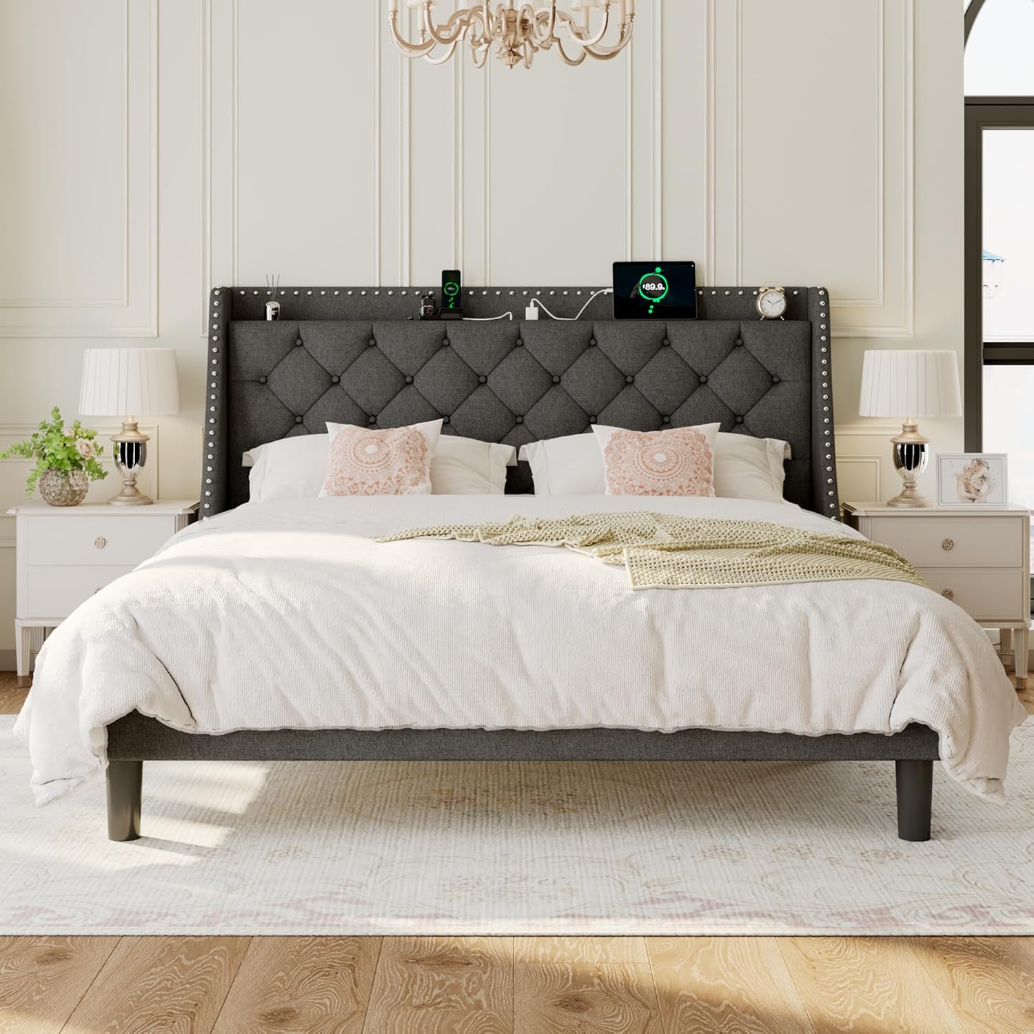 King Size Bed Frame with Wingback Button Tufted Storage Headboard and Type AC Ports, Upholstered Platform Bed, Heavy Duty Slats Support, No Box Spring Needed, Easy Assembly, Dark Grey