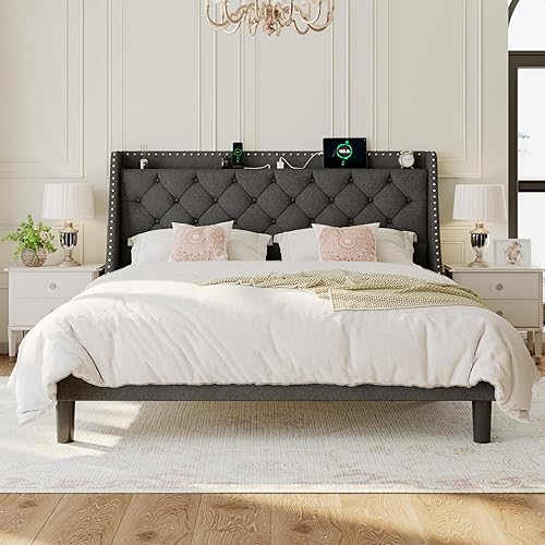 Miniatura 47 de Base de cama tamaño Queen con cabecero de almacenamiento capitoné con botones en la parte trasera y puertos tipo CA, plataforma tapizada, soporte de