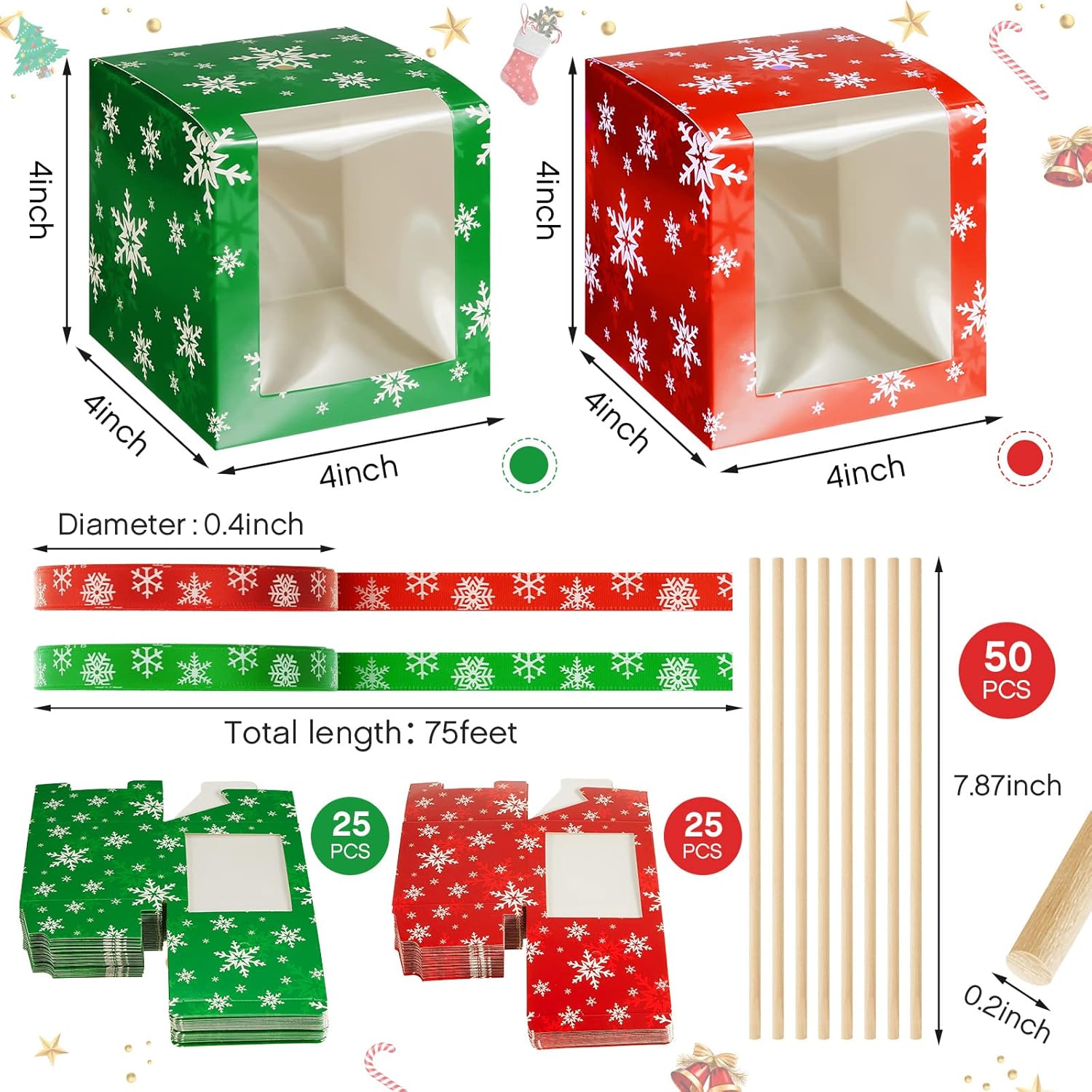50 Set Christmas Kraft Candy Apple Boxes with Hole Sticks and Ribbons 4x4x4'' Window Clear Favor Boxes Candied Cake Cookies Chocolate Caramel Apple Boxes Gift Treat Boxes for Wedding Party (Snowflake)