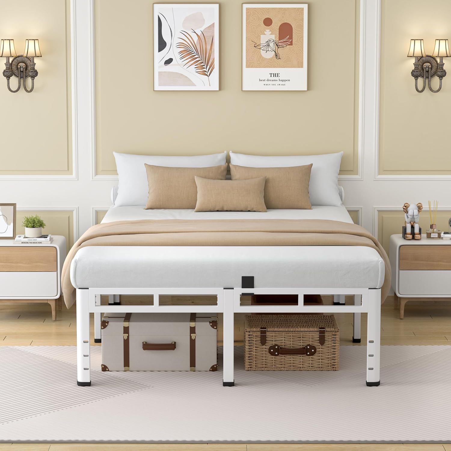 nkz 24 inch queen size bed frame, metal bed frame & box spring 2 in 1 platform with round corner legs, 4000lbs heavy duty metal frame, mattress slide stopper, headboard hole, noise-free, easy assembly 24inch white queen