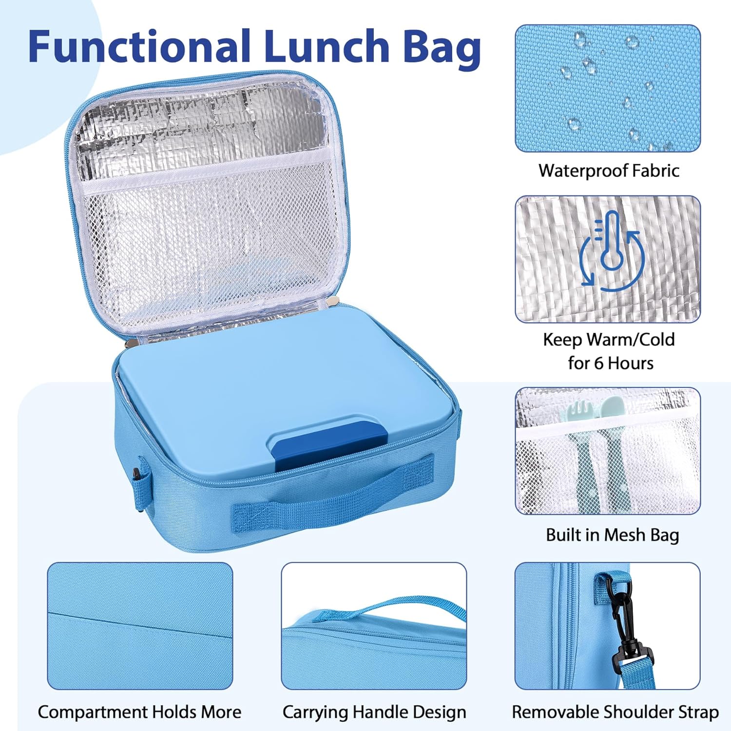 Kids Bento Lunch Box Set with 9.5oz Soup Thermo, Leak-Proof Lunch Food Containers with 3 Compartment and Removable Inner Tray, Insulated Hot Food Jar with Lunch Bag for School, Office, Blue