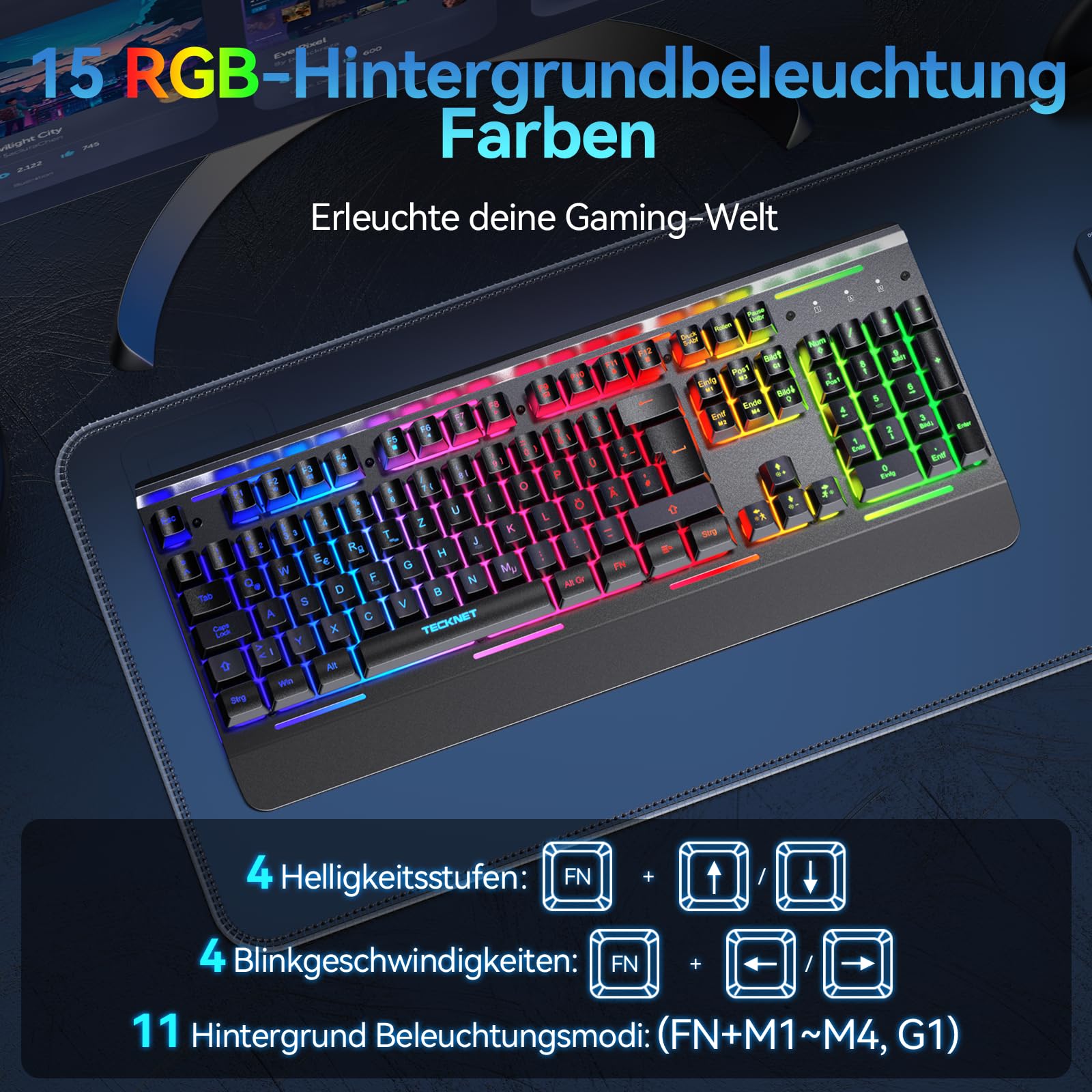 TECKNET Gaming-Tastatur Kabellos, QWERTZ-Tastatur (Deutsches Layout), Membran Tastatur mit 105 Tasten, Vollmetall-Pane, RGB Beleuchtung, Handgelenkauflage, 25 Anti-Ghosting-Tasten für Gamer & Büro