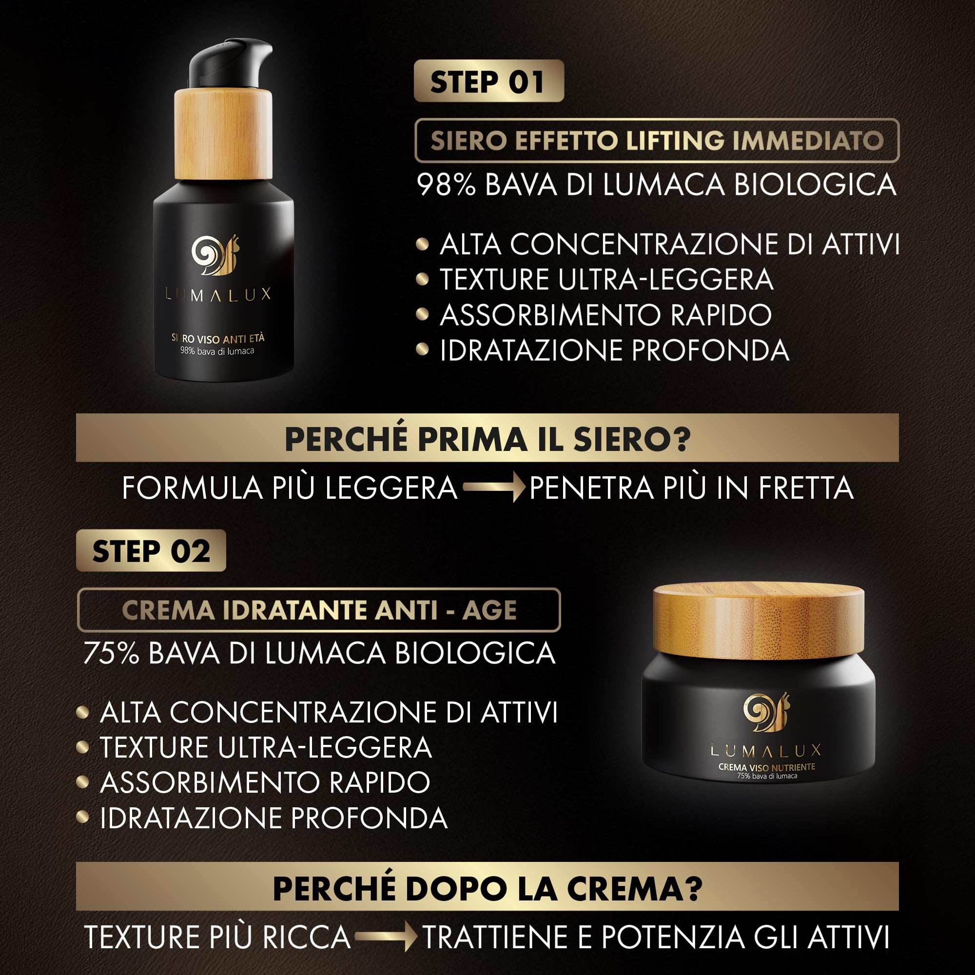 Lumalux- 2 in 1, Siero e Crema con Bava Di Lumaca 98% e 75%- Acido Ialuronico Antirughe e Aloe Vera