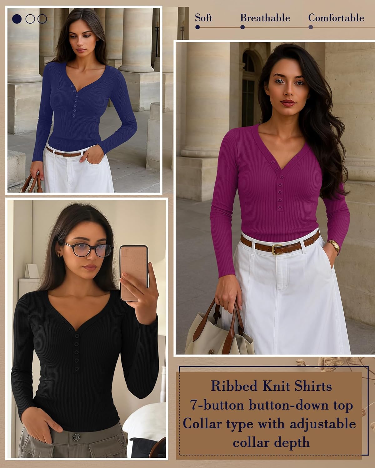 3 Pack Women's Long Sleeve Henley Shirts Cotton V Neck Ribbed Knit Tops Slim Fit Casual Tees Fall Basic Blouses(Black, Navy Blue, Fuchsia,XX-Large) - Image 2