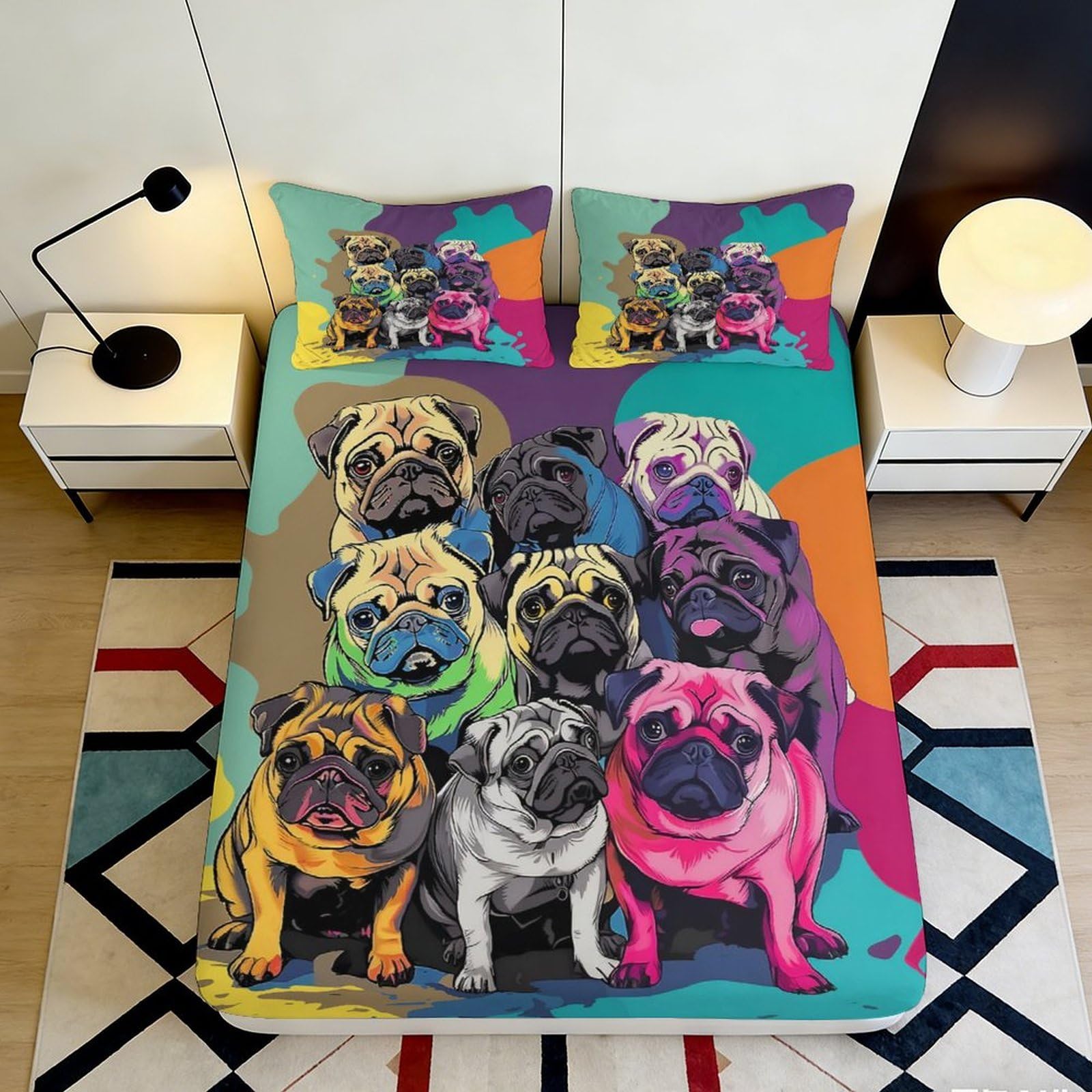 3D Printed Colorful Pug Dogs Fitted Sheet Microfiber Non-slip Mattress Cover for Bedroom Guest Room Dorm Decoration 90x200x25cm