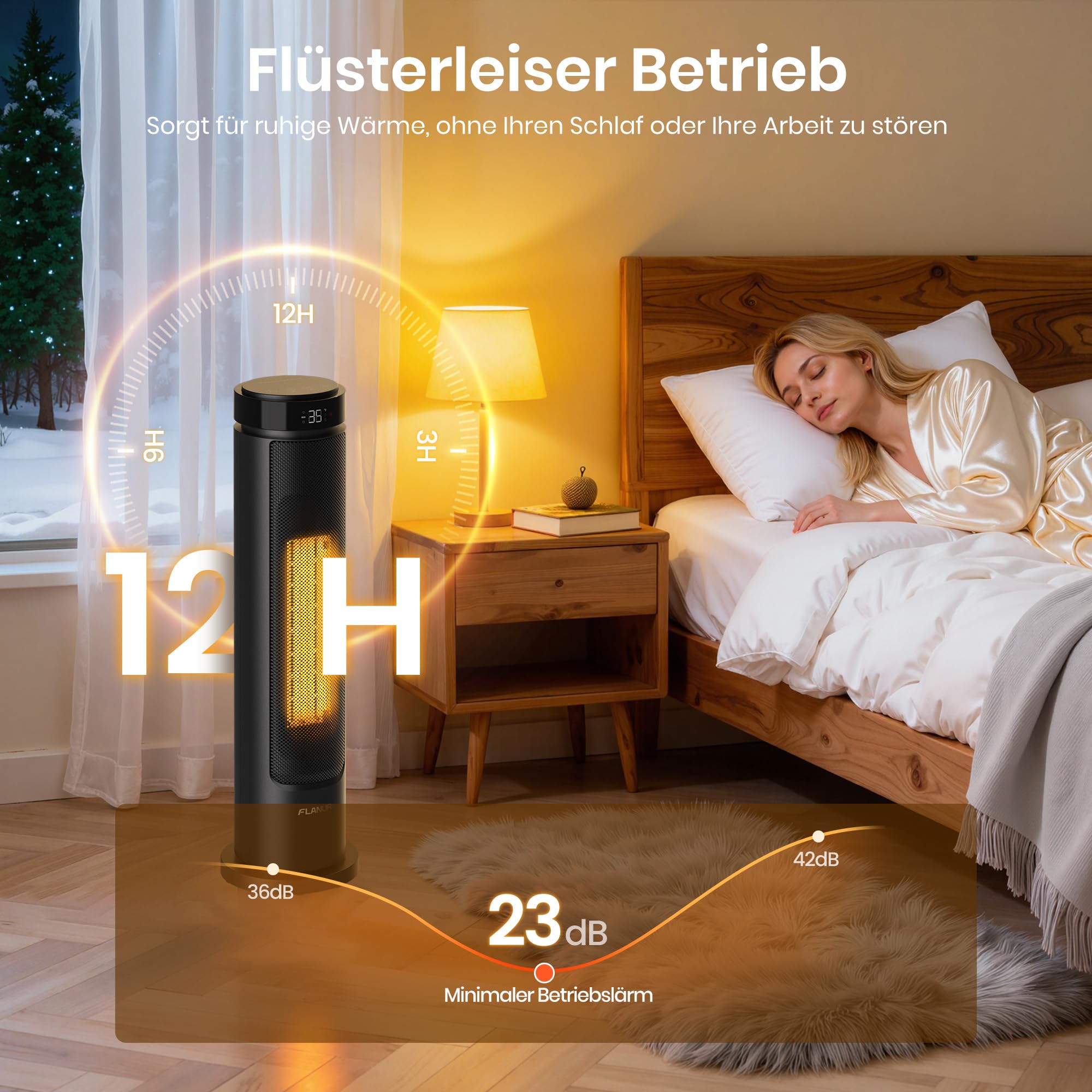 Heizlüfter Energiesparend, 2000W PTC Keramik Heizlüfter, 36dB Leise, Thermostat, 70° Oszillation, 12H Timer, Überhitzungs-Kippschutz, Elektroheizung für Innenräume, 60cm, Schwarz,1 Pack+3 Modi