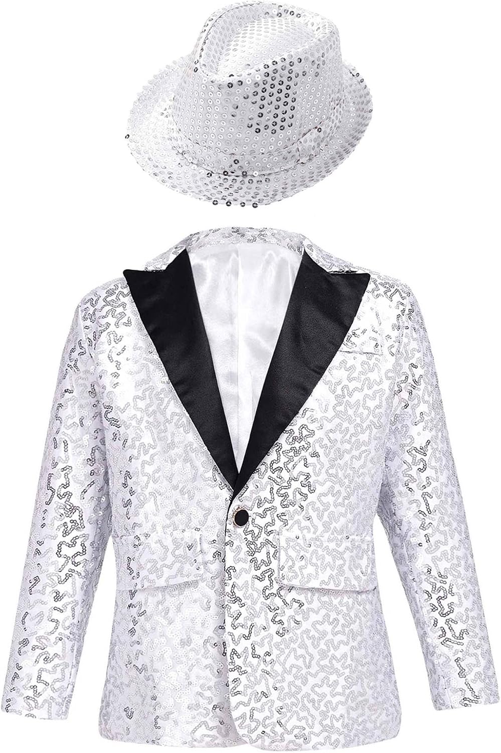 Kids Boys Shiny Sequins Jacket Blazer Long Sleeve Tuxedo Suit Coat with Hat for Party Wedding Banquet Prom