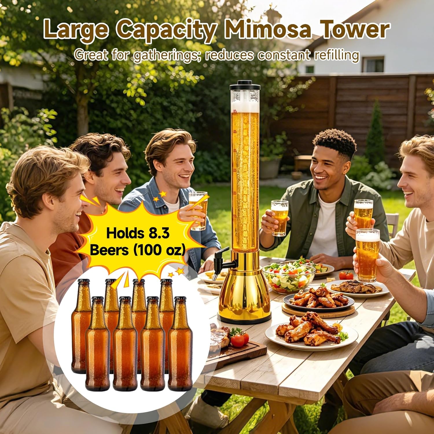2 PCS 100oz Mimosa Tower with Ice Tube, Clear Beverage Dispenser Leakproof Spigot, Large Capacity Drink Tower Holds 8.3 Beers, Tall Tabletop Beer Dispenser for Margarita Sangria Punch Lemonade, Gold