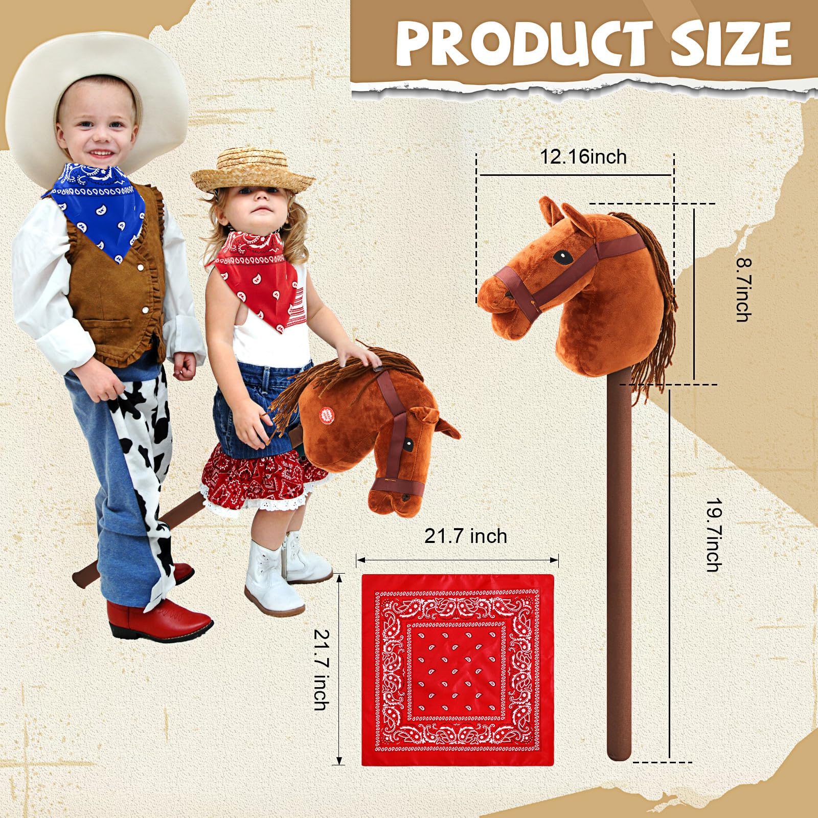 Juego de 8 unidades de palo de caballo marrón claro con sonido rojo y azul Bandana Set de juguetes Stick Horse Western Cowboy Bandana Cabeza de caballo palo con sonido vecino para niños y niñas 2