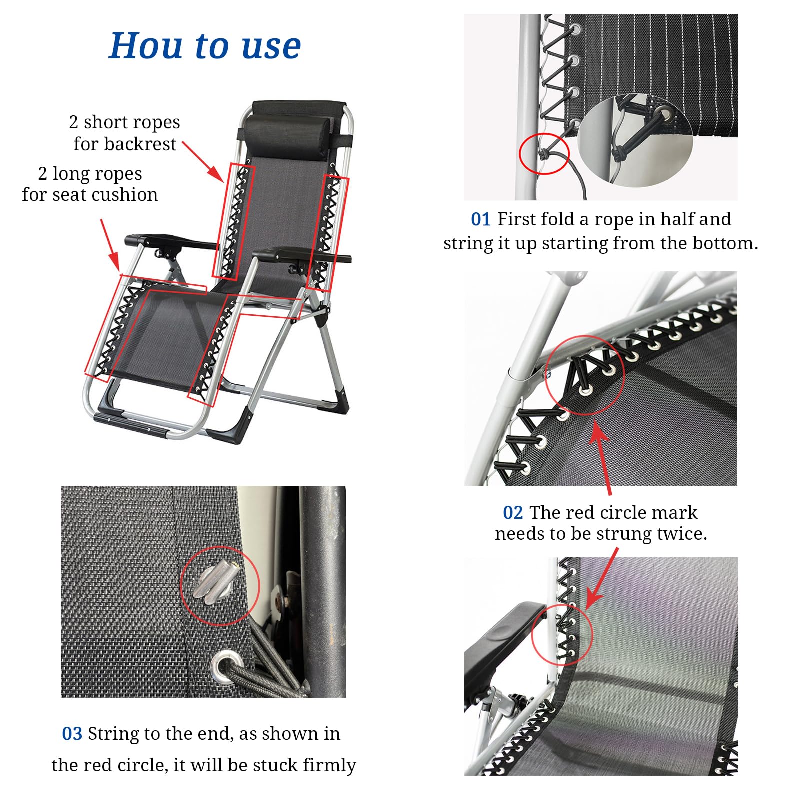 Cordes élastiques De Remplacement Pour Transat Et Chaise Zéro Gravité - 2 X 2.2m + 2 X 1.4m Avec Clips Métal