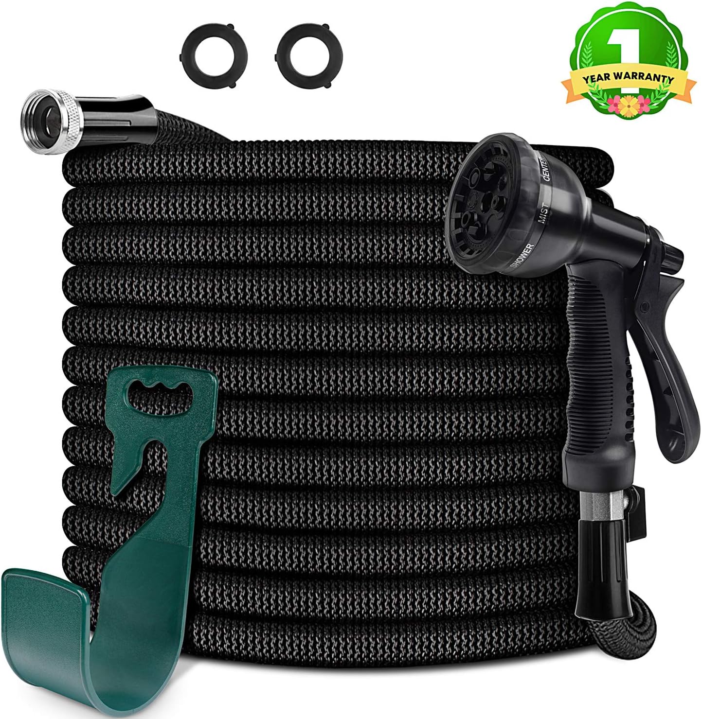 HooSeen Upgraded Expandable Garden Hose, 3/4”100FT Solid Brass Rust Free Connectors, Double Latex Core, Extra Strength 3750D Fabric, Flexible Water Hose, 8 Function Spray Nozzle, Storage Sack, Hanger
