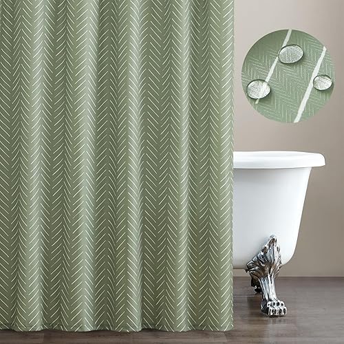 jinchan Cortina de ducha verde salvia con rayas blancas en espiga zigzag chevrón, tela impermeable, cortinas de ducha modernas de granja para baño