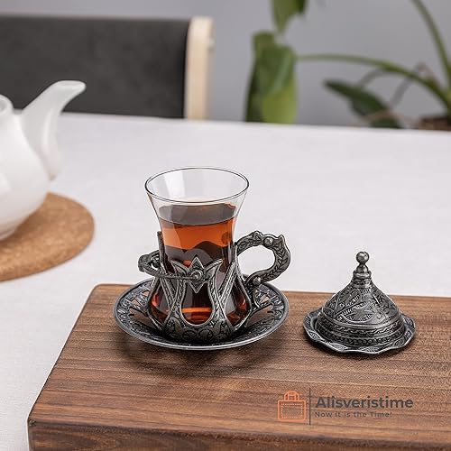 Miniatura 2 de Alisveristime Juego de 6 vasos de té turco hechos a mano Zamzam para servir vasos platillo y cuchara (negro)