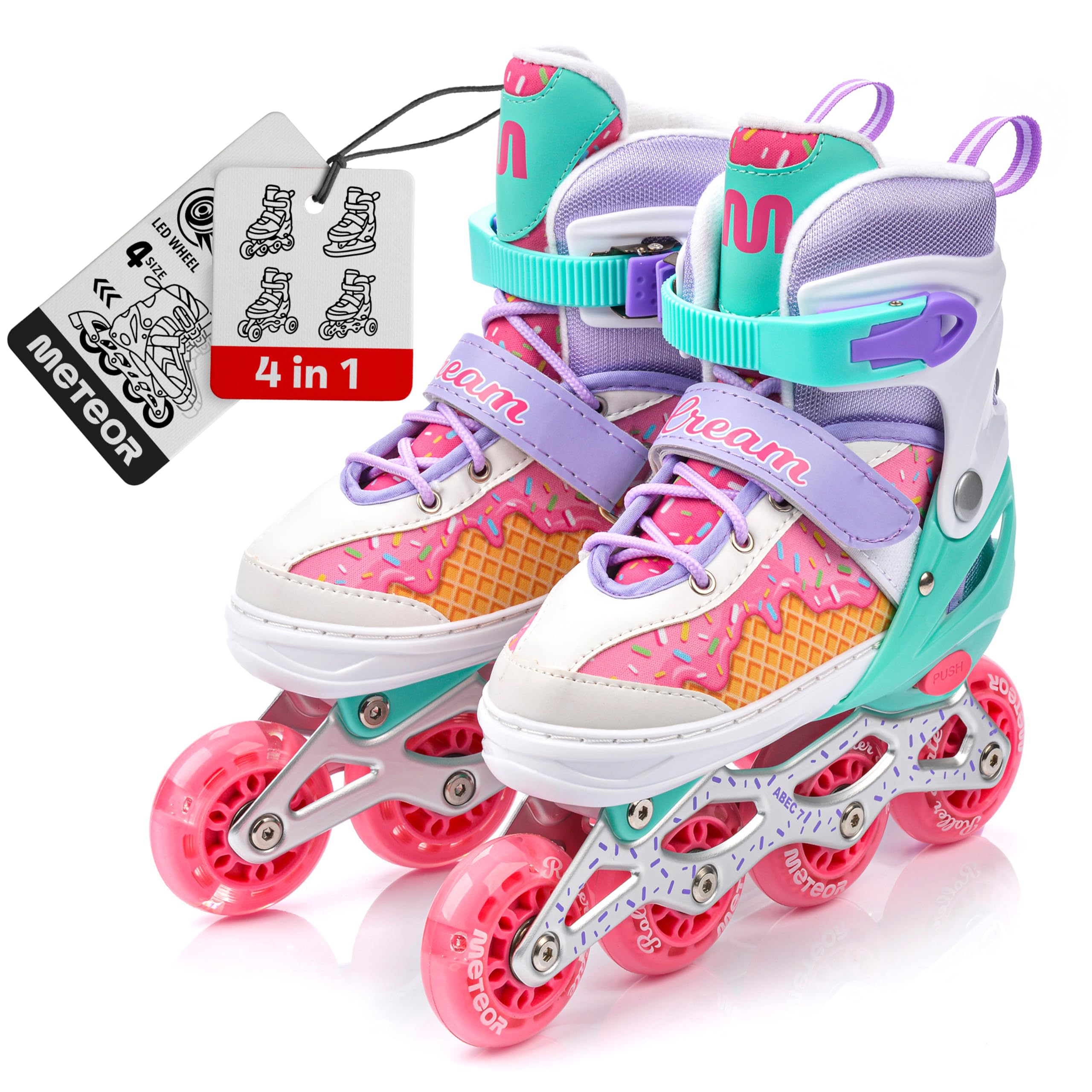 meteor Adjustable Shoe 4-in-1 Kids Skates - Beginner Quad, Inline & Ice Skating Set - Children’s Roller Boots - ABEC 7 - Big Wheels - Skates Carbon 4in1Girls - Kidsroller — image 1
