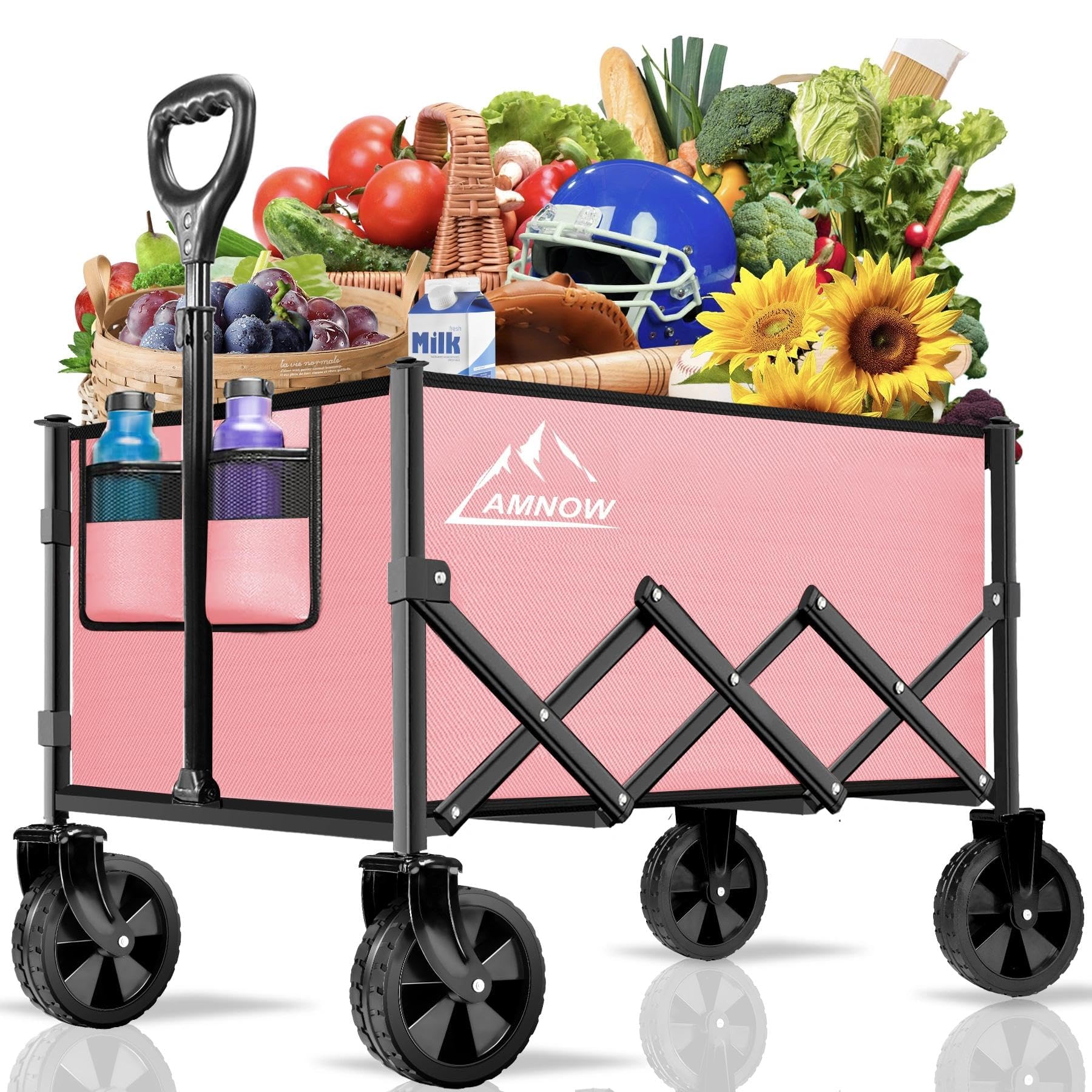 AMNOW 100L Collapsible Wagon Cart with All Terrain Wheels, 350LBS, Pink