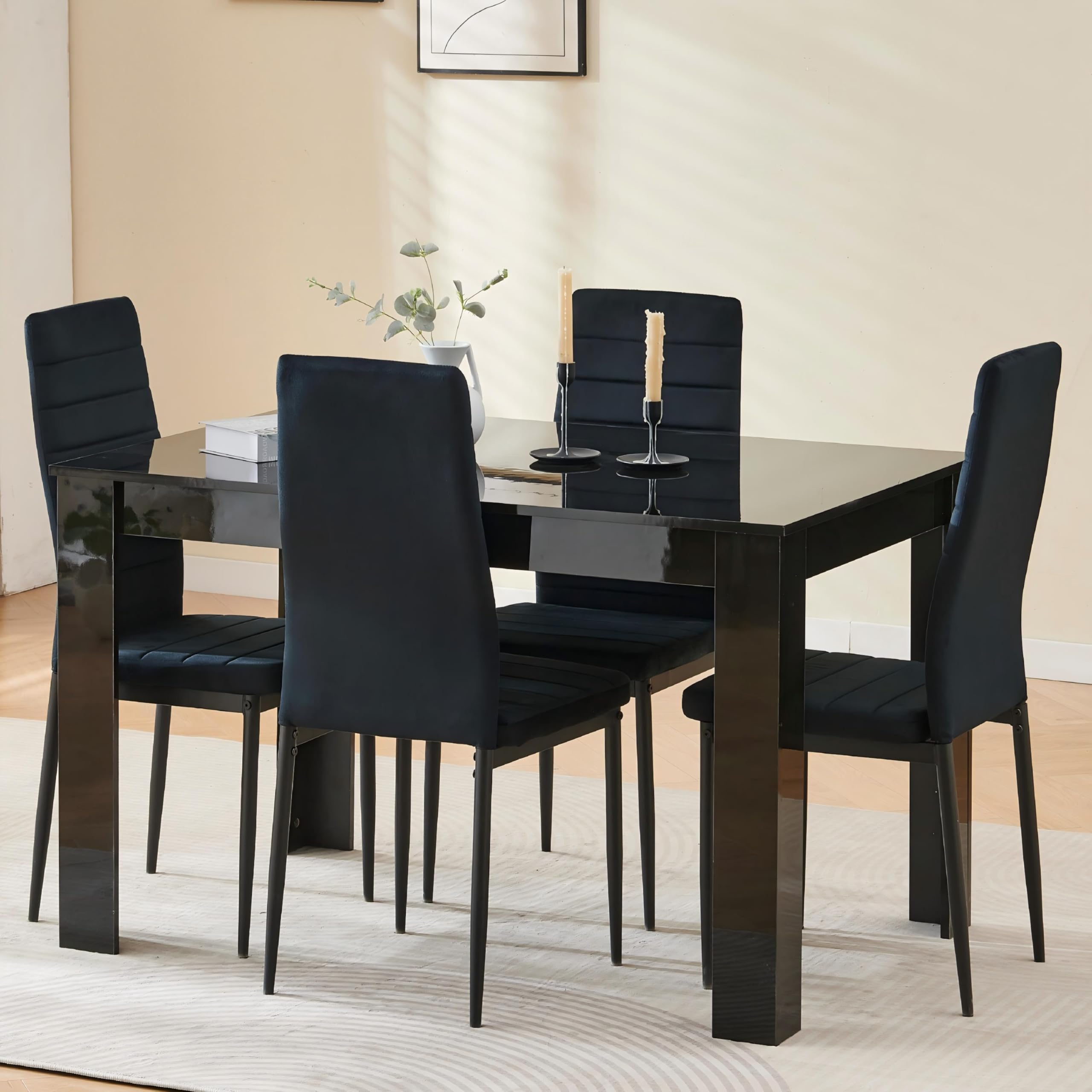 Homullel 120cm Glossing Dining Table and 4 Chairs, 4 Seater Kitchen Table and Chairs Set for Space Saving, Compact Dining Room Set for 4, 120x80 cm, Wooden, Walnut Black (4 Seaters, Flannel Black) โ image 1