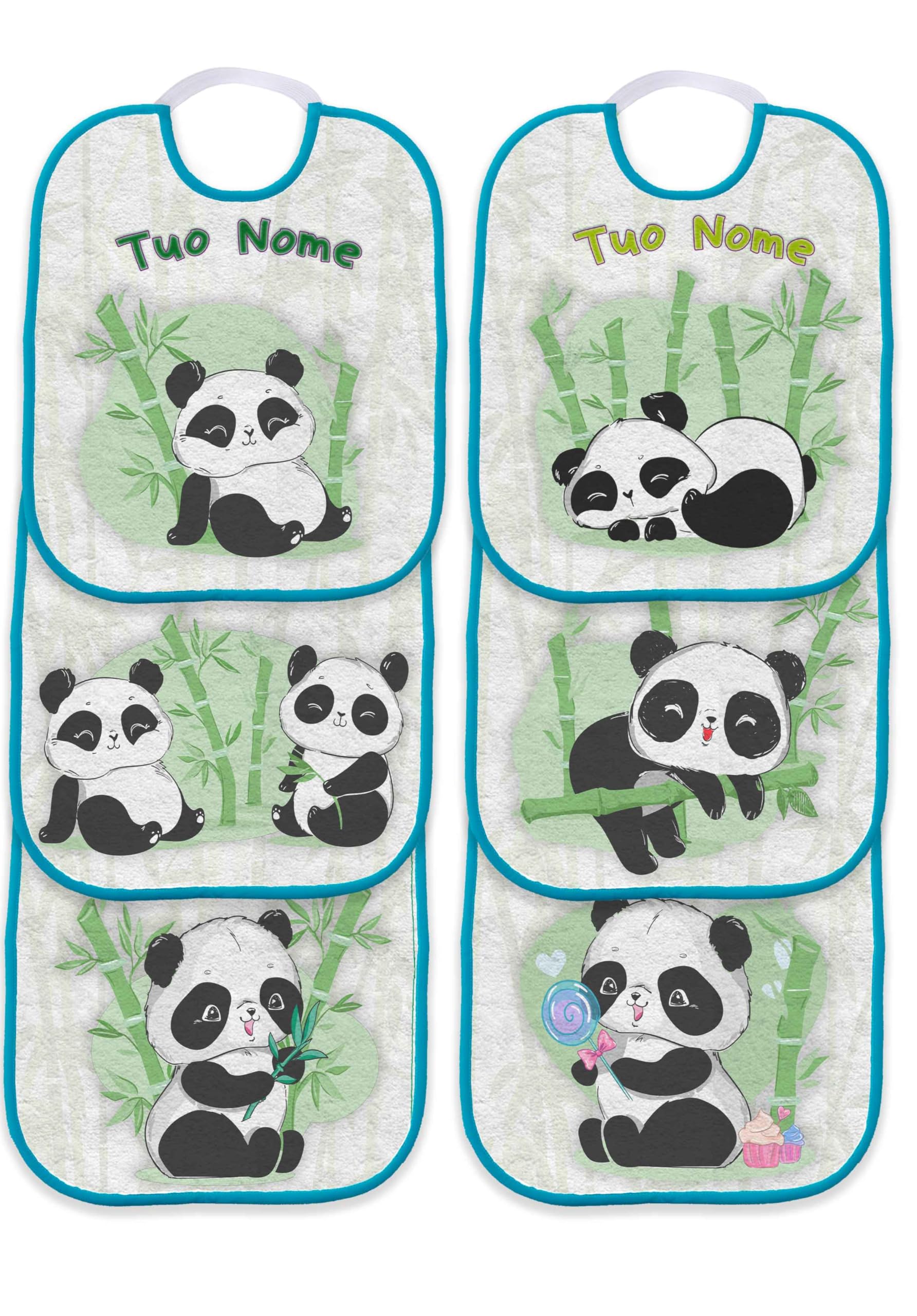 Set Asilo Bavaglini con nome personalizzato tema panda bambù A scelta Bavaglini con Elastico Asciugamano Sacca
