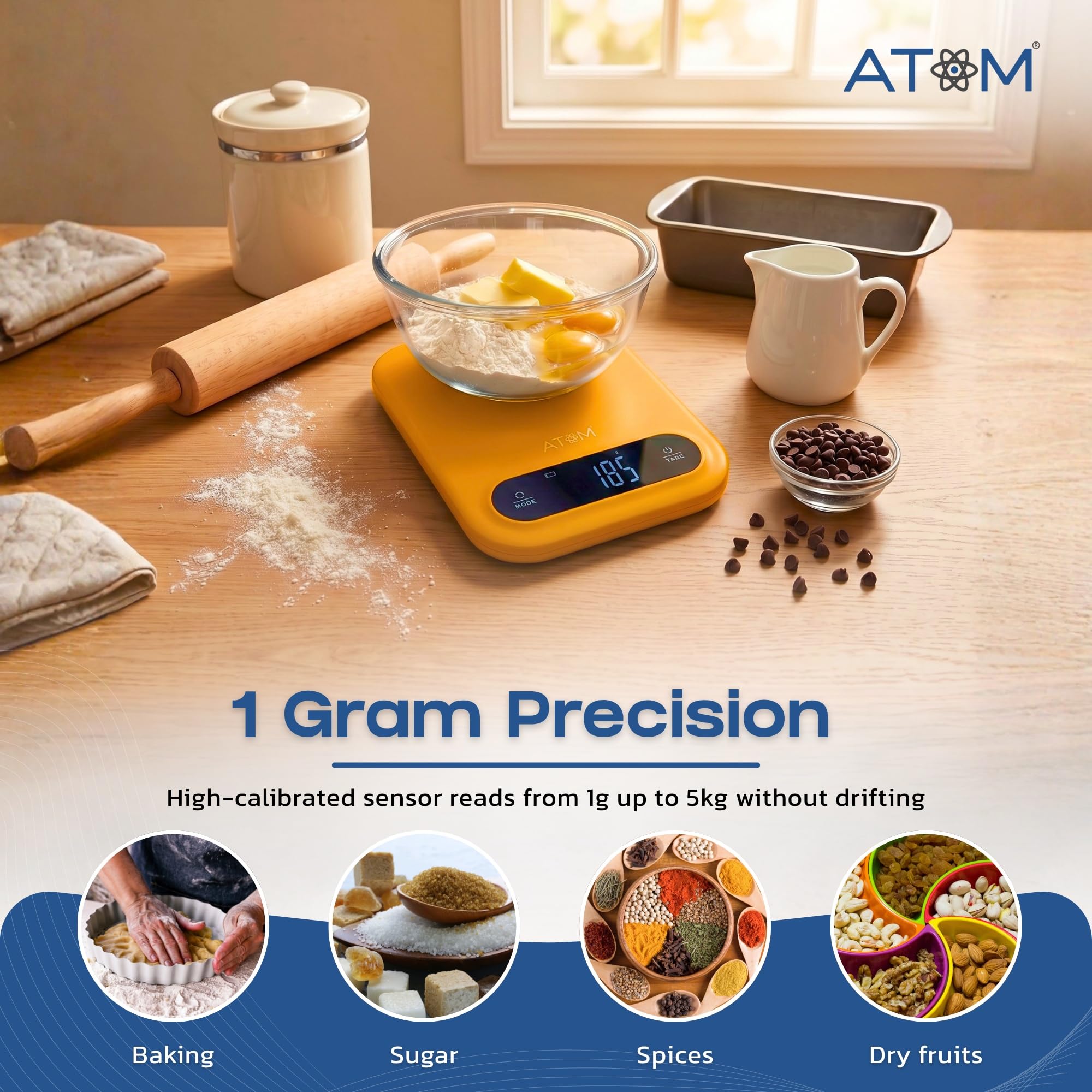Atom 5Kg Kitchen Weight Machine, Digital Scale with LCD Display, Scale for Home Baking, Cooking & Balance Diet. Machine with capacity 5Kg, A 138,Color May Vary 1
