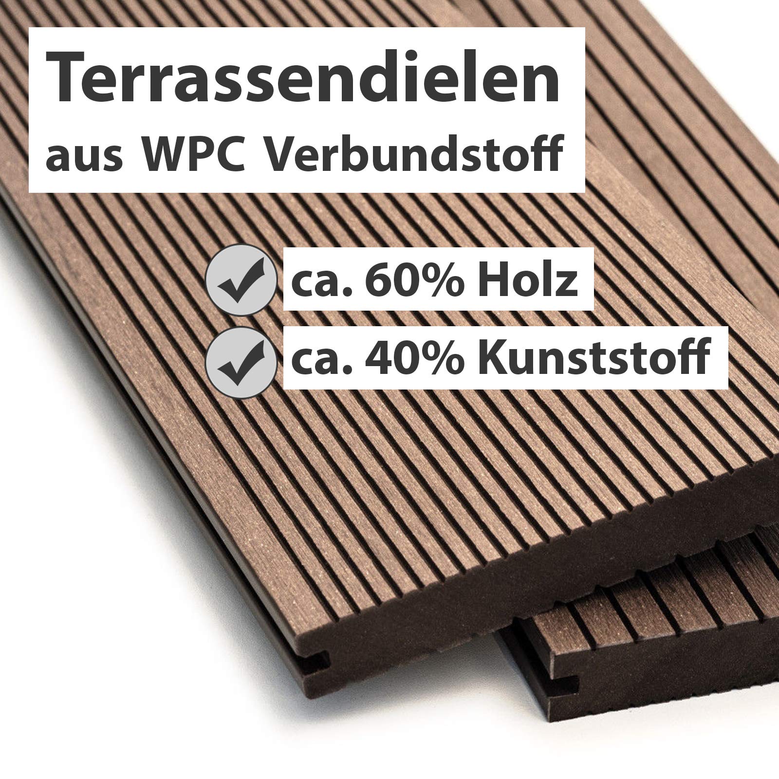 WPC Terrassendielen Massiv Dielen - Komplett-Set Dunkelbraun | 10 m² (5m x 2m) Holz-Brett Dielen | Boden-Fliesen + Unterkonstruktion & Clips | Balkon Boden-Belag + rutschfest + witterungsbeständig