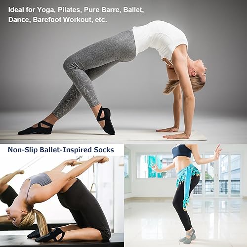 Miniatura 3 de Ozaiic Calcetines de yoga para mujer antideslizantes y con correas ideal para pilates Pure Barre ballet danza entrenamiento descalza 2 Pairs- Black/