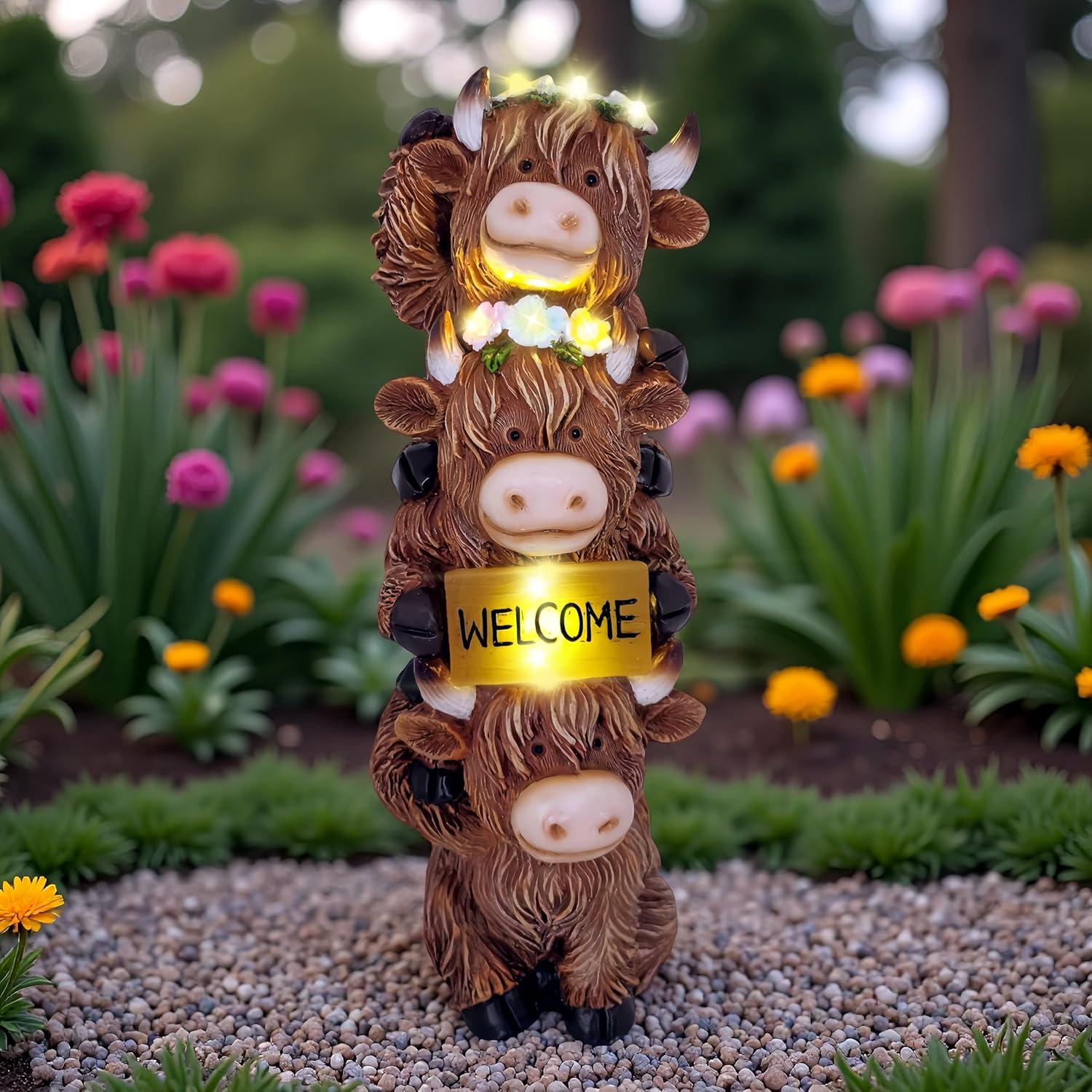 12 Inch Highland Cow Statue Solar Outdoor Decor for Yard Patio Front Door, Farmhouse Porch Decoration Animal Cattle with Led Welcome Sign Flowers Light, Home Ornaments for Outside, Mom's Gifts
