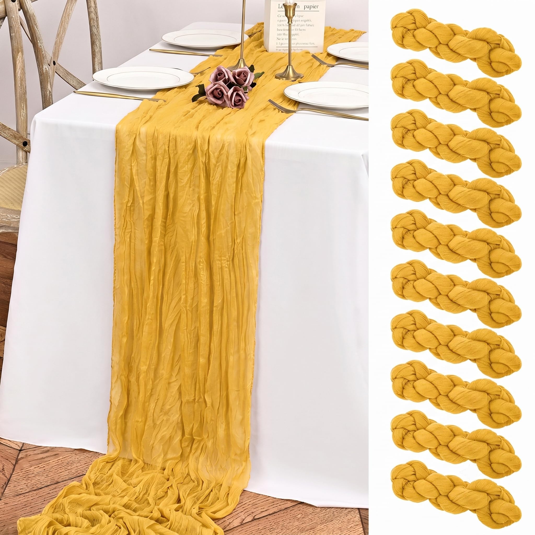 Teruntrue 10 Pack Gold Cheesecloth Table Runner, 10FT Long Boho Gauze for Birthday Party Festival Wedding Decoration