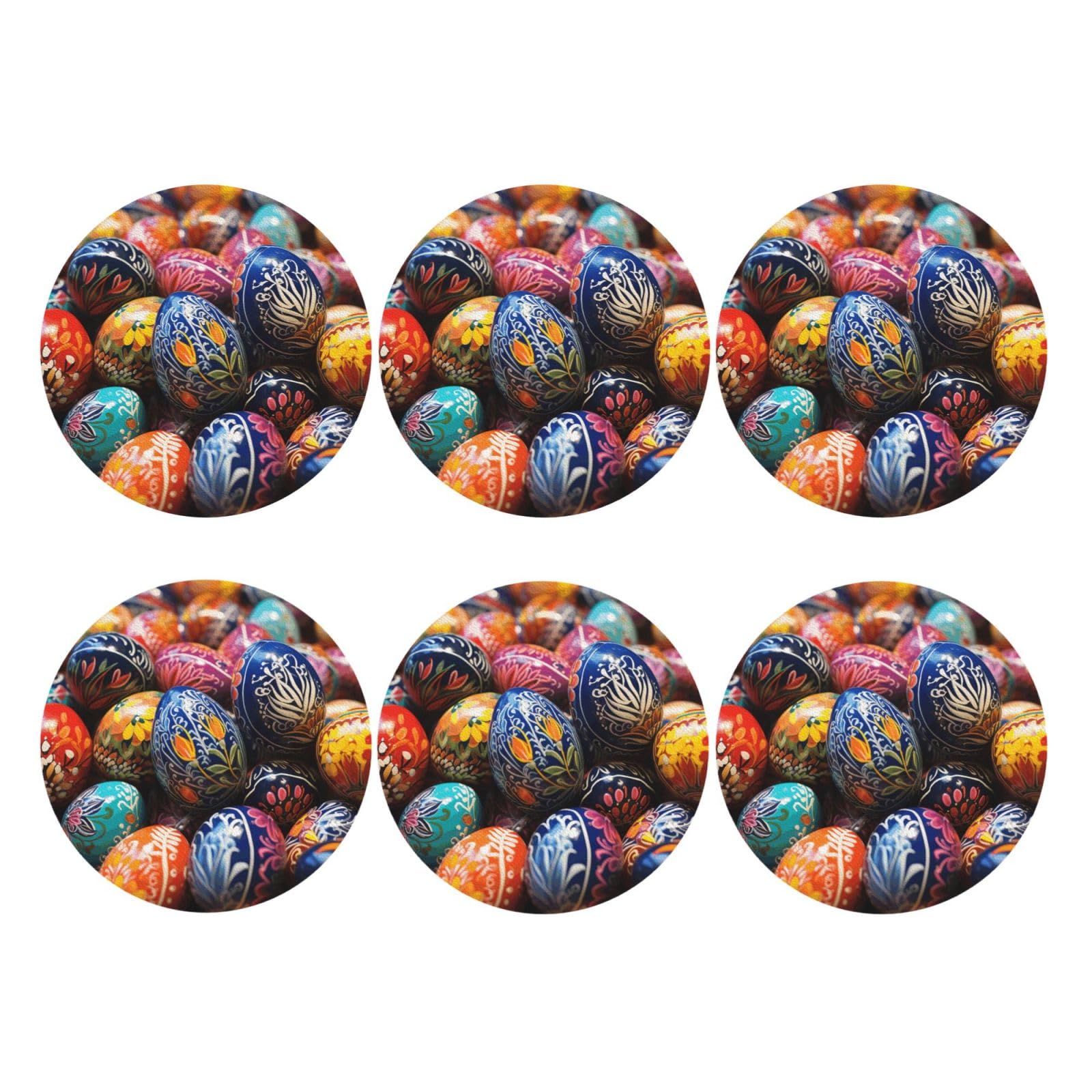 6pcs Leather Coasters for Drinks, Colorful Hand Painted Easter Eggs Drink Coasters for Tabletop Protection, 4" Cup Coasters for Coffee Table Decor, Non-Slip Drinking Cup Mat for Hot Or Cold Drink