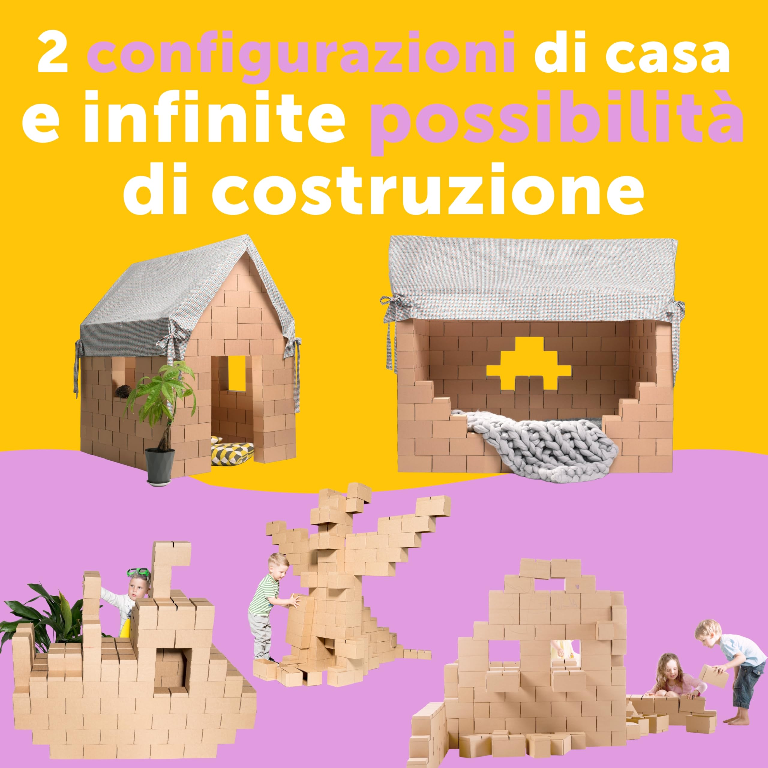 GIGI Bloks Capanna per Bambini da Interno | Set Costruzioni Incastro & Empilabili per Casetta per Bambini in Cartone con 203 Blocchi Costruzioni | Casa Giocattolo Robusta & Facile da Montare