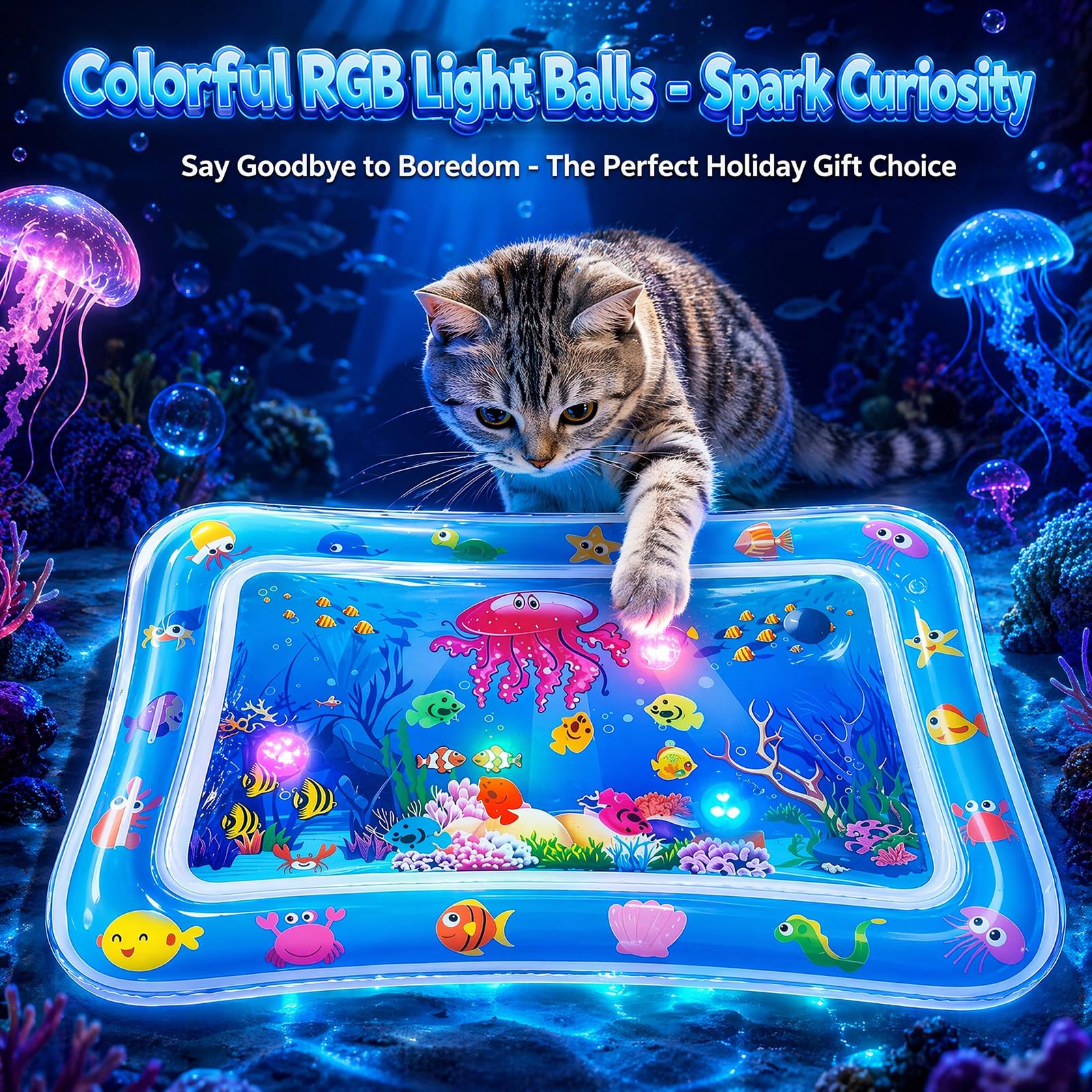 Wassermatte Katze, Wasserspielmatte Katze Hund, Verdickte PVC Katzen Kühlmatte mit Fischen & LED-Licht, Interaktives Katzenspielzeug Selbstbeschäftigung für Langeweile 60x40CM