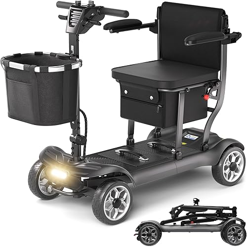 43lb Lightweight Mobility Scooter for Adults - Portable 4 Wheel Motorized Scooters 300 lb Capacity, Foldable Travel Mobility Scooters with Removable Lithium Battery, Dual Basket, Black