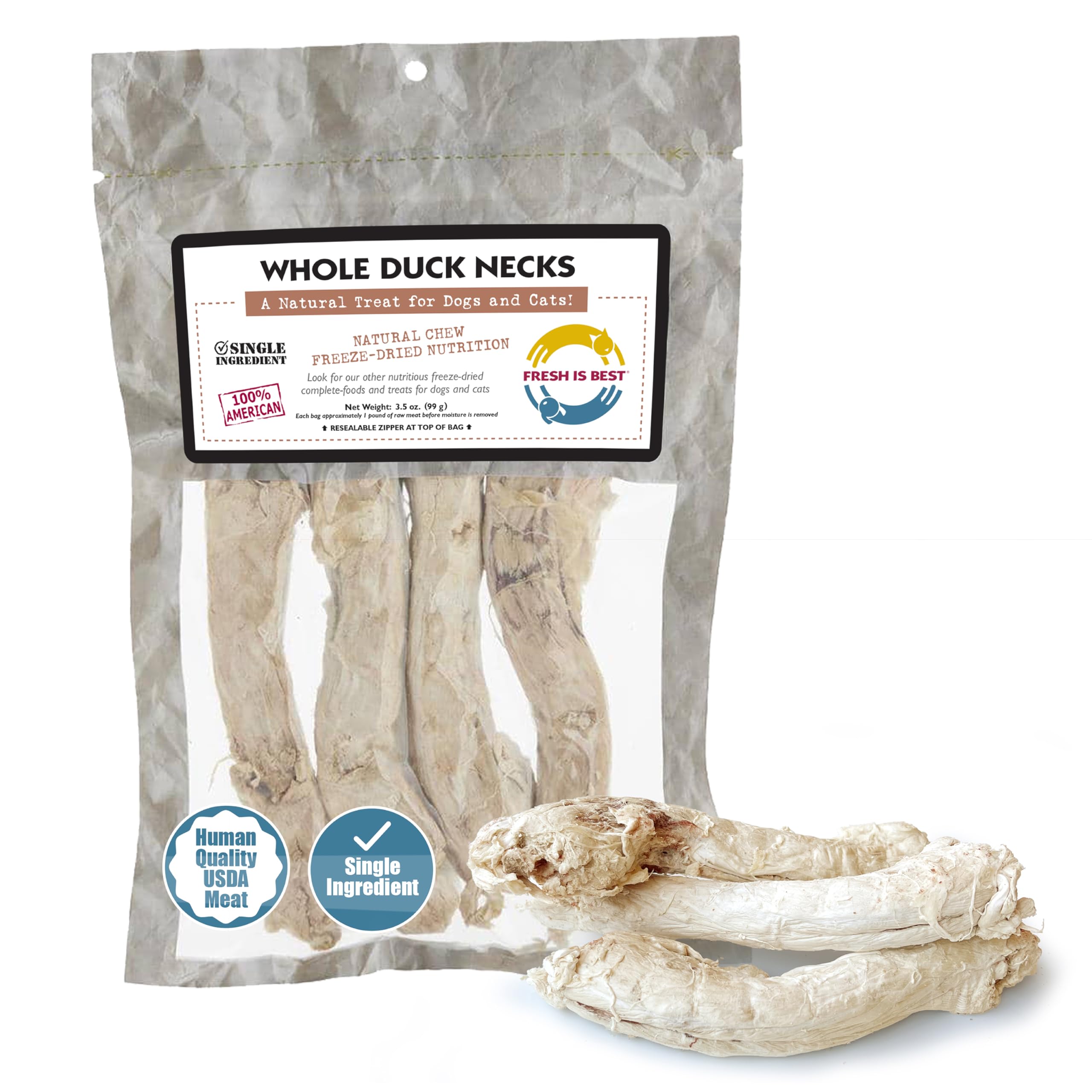 Fresh Is Best Freeze Dried Dog Treats – Raw Freeze Dried Cat Treats in Resealable Zipper Bag – High-Protein Duck Necks for Dogs & Cats – Made in The USA