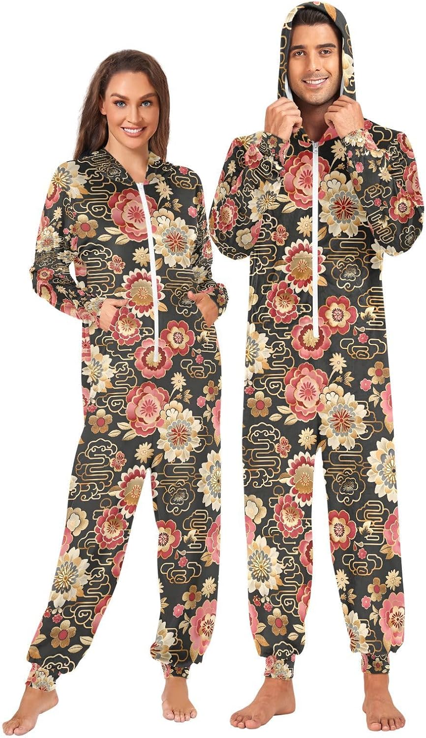 Japanese Flower Black Adult Onesie Pajamas Novelty One Piece Costume Sleepwear Jumpsuits Matching PJS