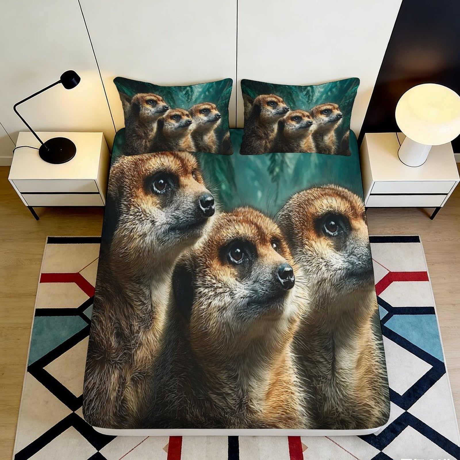 3D Printed Meerkat Animal Fitted Sheet Microfiber Soft Durable Forest Wildlife Bed Cover for Bedroom Dormitory Guest Room Mattress Protection 140x200x25cm