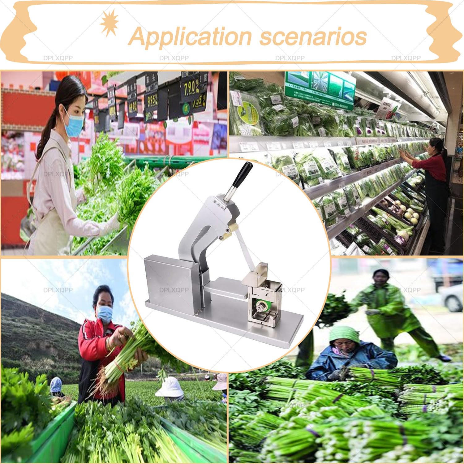 Flejadora de verduras, compacta, semiautomática, con mango de fácil agarre y resorte de retorno para un atado rápido y consistente de frutas y verduras