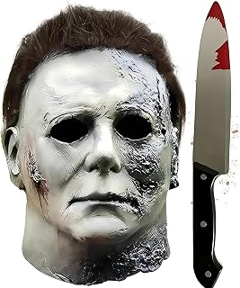 Michael Myers Mask with Plastic Knife, Adult Latex Mike Myers Face Masks With Hair For Halloween Scary Cosplay Costume