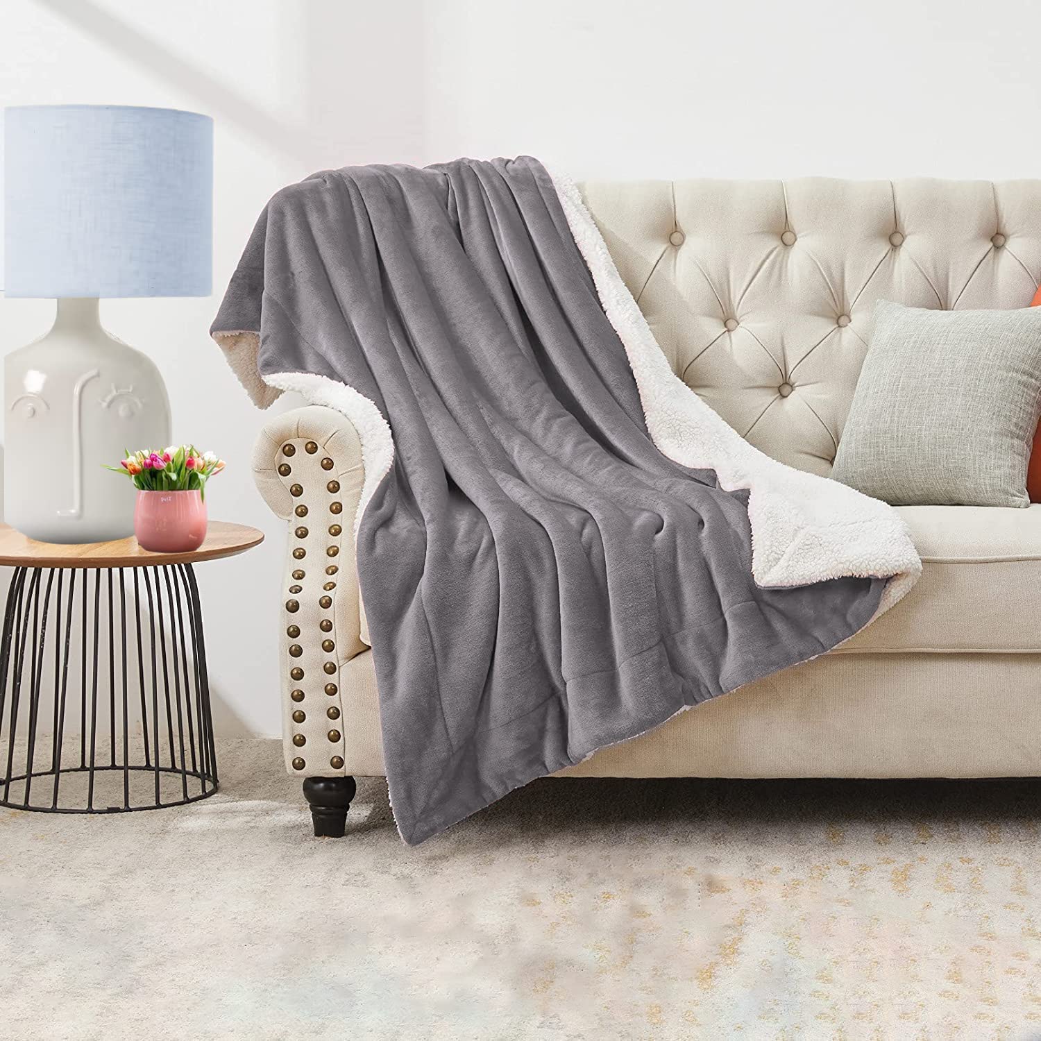 My Home Store Sherpa Fleece Blanket Double Size Thick Bedding Double  Sided Flannel Soft Microfiber Fluffy Faux Fur Reversible Solid Throws, Light