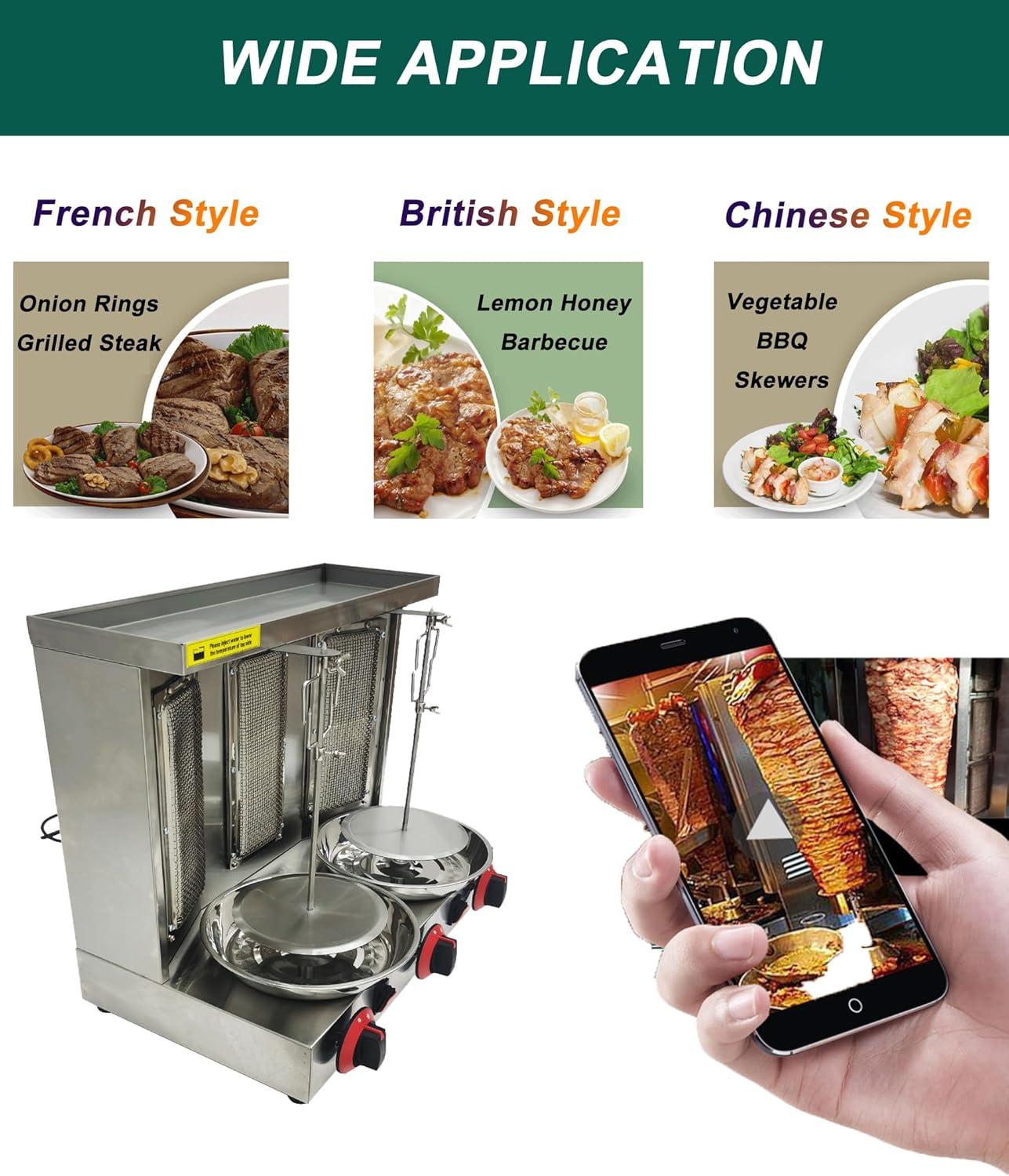TECHTONGDA Commercial Shawarma Machine Gas Kebab Gyro Grill Machine, Vertical Gas Grill with 3 Burners for Grilled Meat, Grilled Chicken