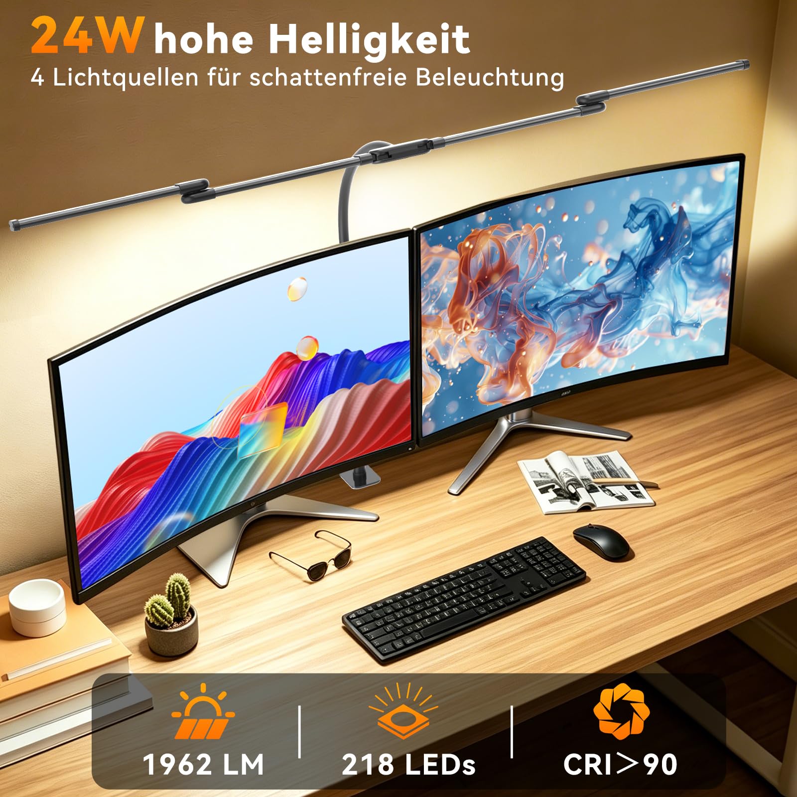 Schreibtischlampe LED Dimmbar, 118cm 4-Lichtbalken Schreibtischlampe Klemmbar, 24W 1960LM Augenschutz Schwanenhals Tischlampe, 5 Farben & 10 Helligkeiten für Zeichnen, Architekten, Schneider