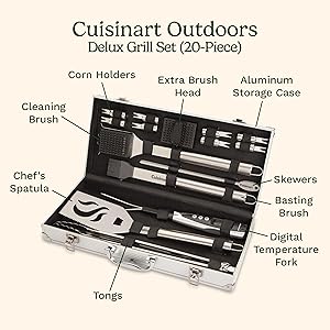 Cuisinart Deluxe Grill Tool Set, 20-Piece Grill Set, BBQ Accessories with Aluminum Case, Stainless Steel Grilling Accessories, BBQ tools, Grilling Gifts for Men, Fathers Day Gifts for Dad Husband