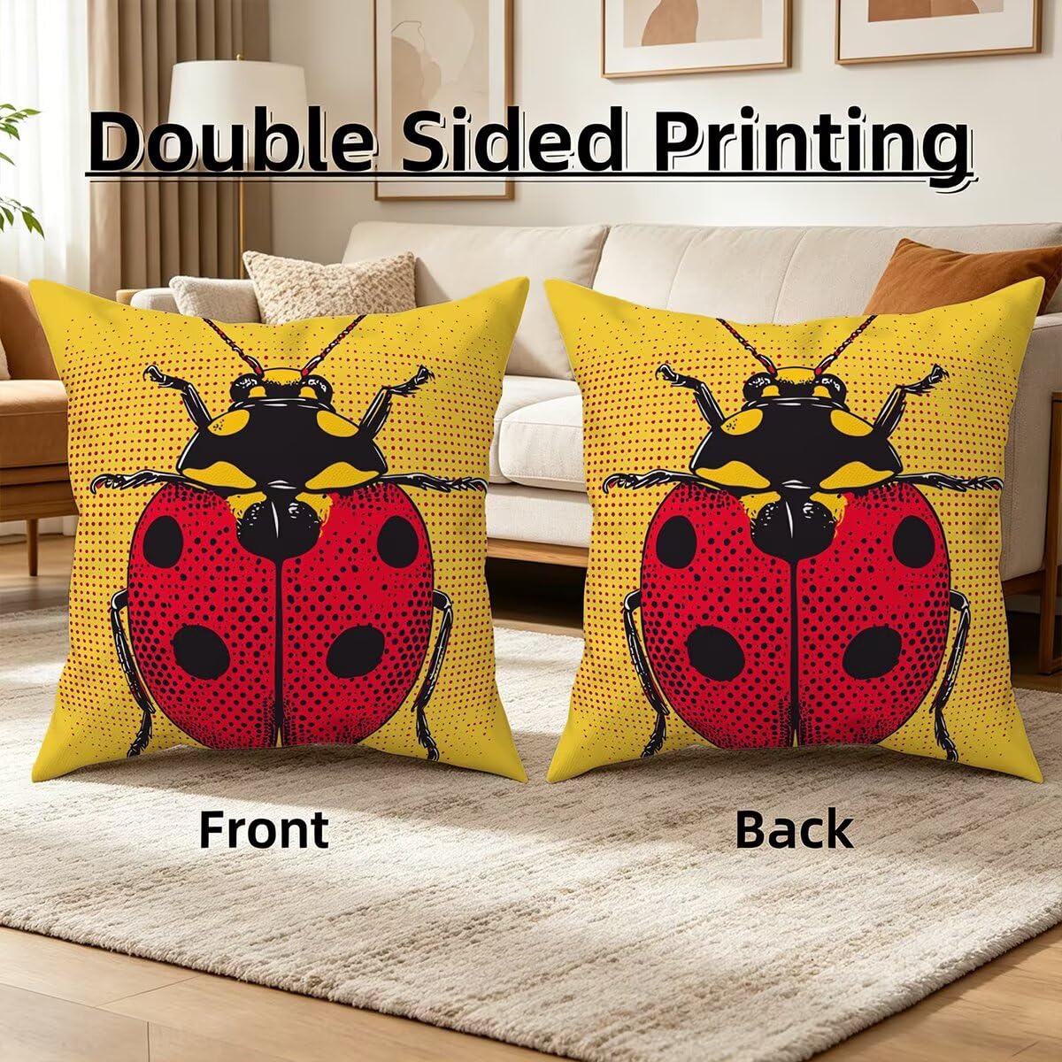Federe Cuscino Divano 60x60, Giallo Cuscini per Divano da Esterno Set da 4, Lino Copricuscini Divanos Impermeabile, Copri Cuscini Coccinella Motivo Fronte Retro Stampato per Giardino, Balcón F-61