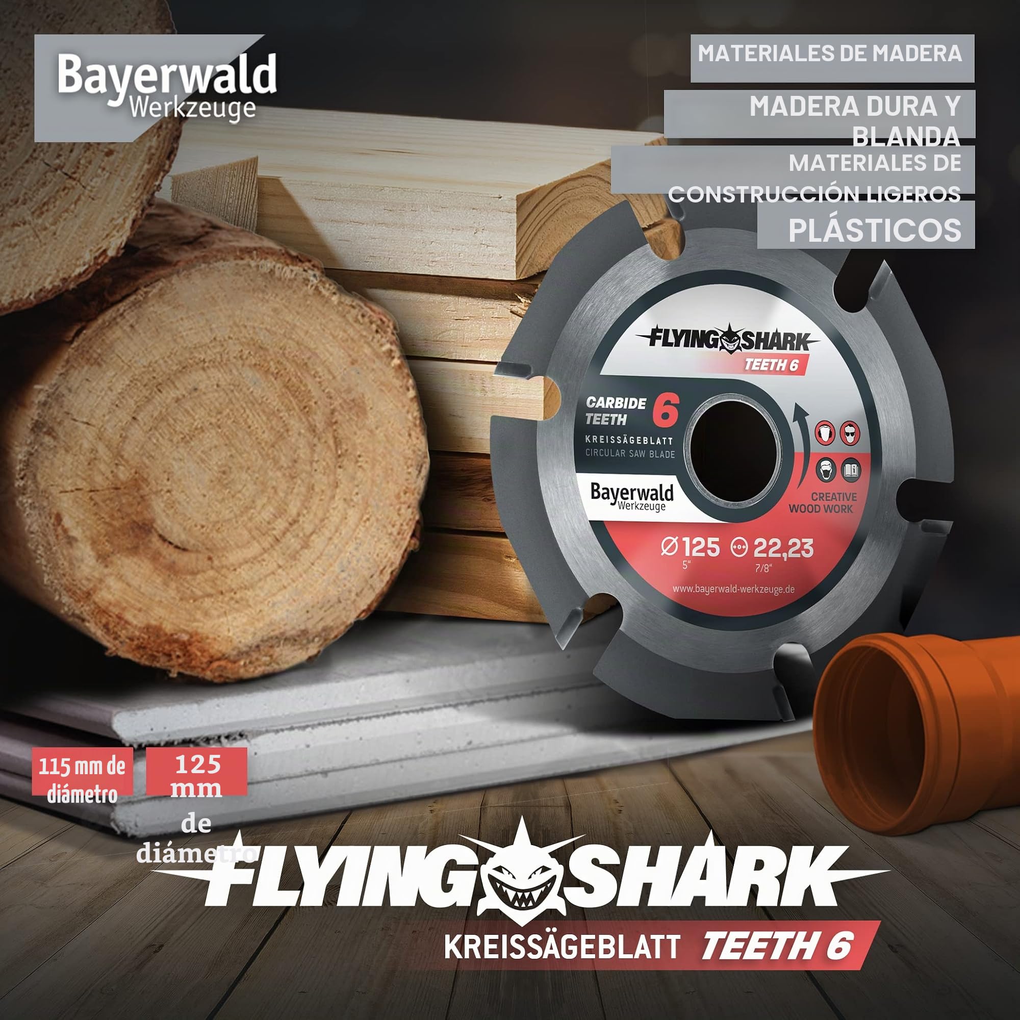 Bayerwald Flying Shark Ø 125 mm (6 dientes) Hoja de sierra para madera, tallado y eliminación de corteza, ideal para tallar energía