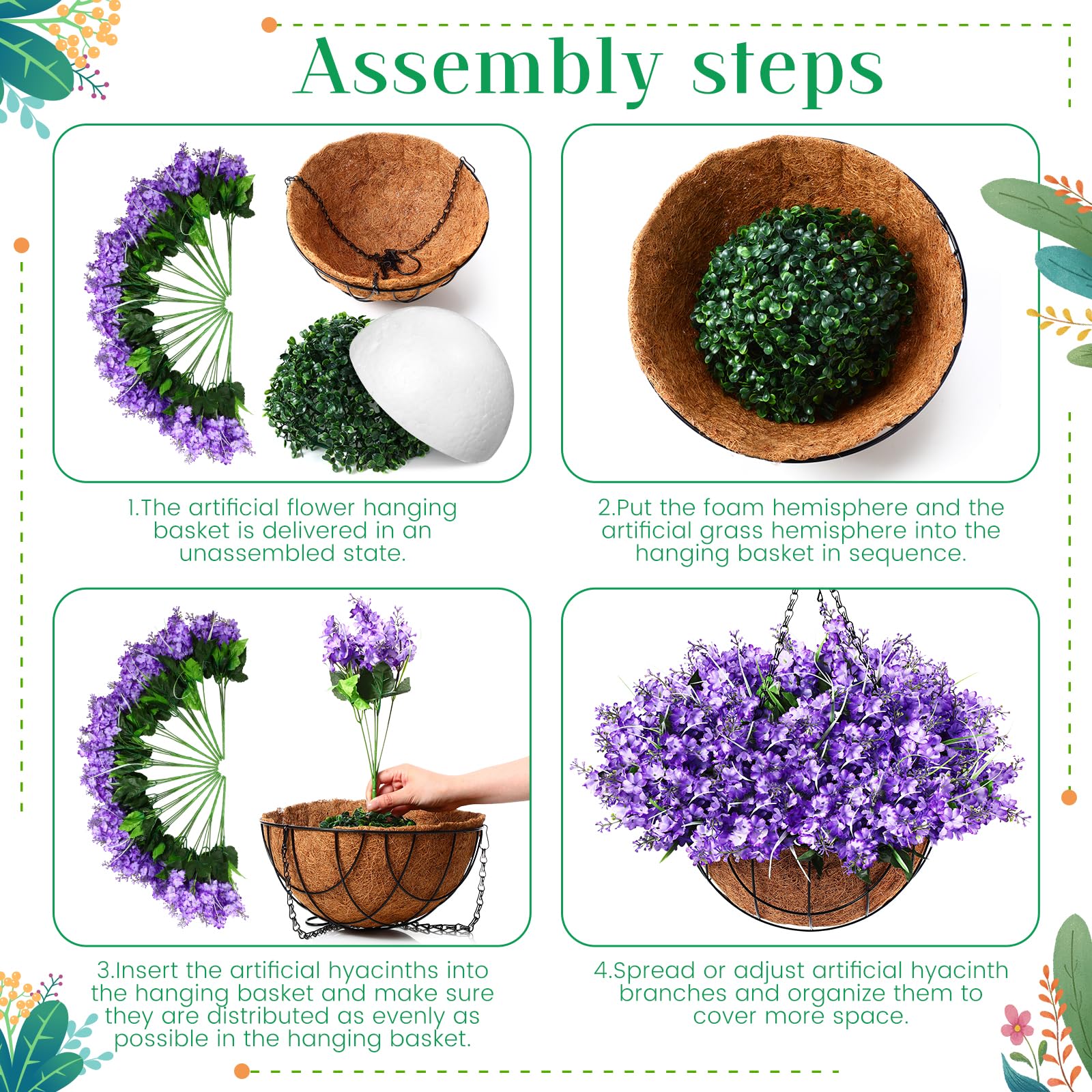 Lyrow Künstliche Hängeblumen im Korb für Frühling, Sommer, Veranda, Haus, Garten, Hof, Dekoration, künstliche Hyazinthen-Arrangement, künstliche Pflanzen in 30,5 cm Kokosnuss-Futter, Korb für Außen-