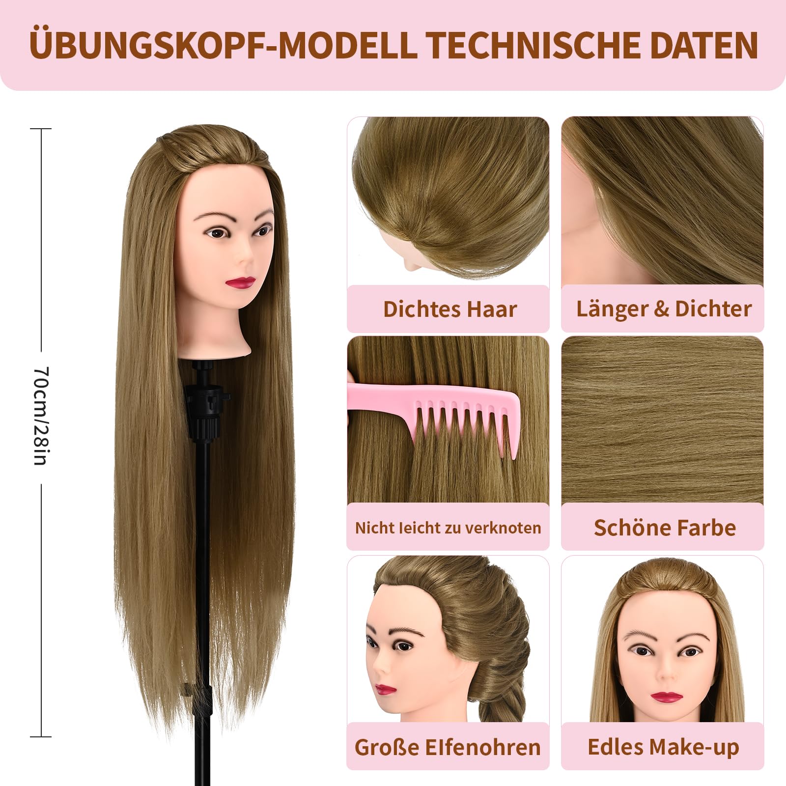 28-Zoll Frisierkopf Kinder mit Perücken Puppenkopf zum Frisieren Mädchen Trainingsköpfe Friseure Ständer Goldgelb