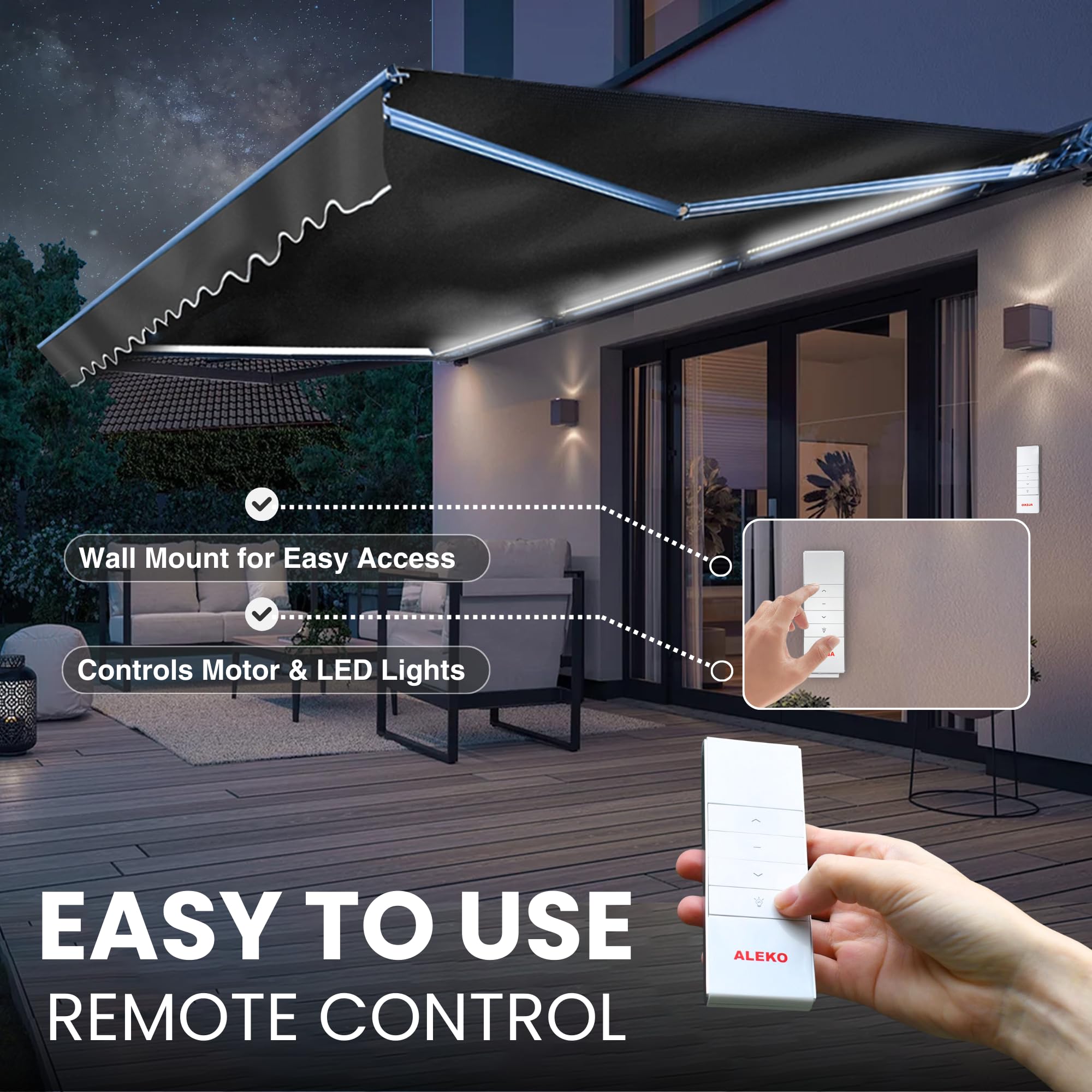ALEKO Patio Awning | Luxury Remote Controlled Automatic Retractable Half Cassette | LED Lights | Motorized Canopy Upgraded 2024 | 20x10 | Black