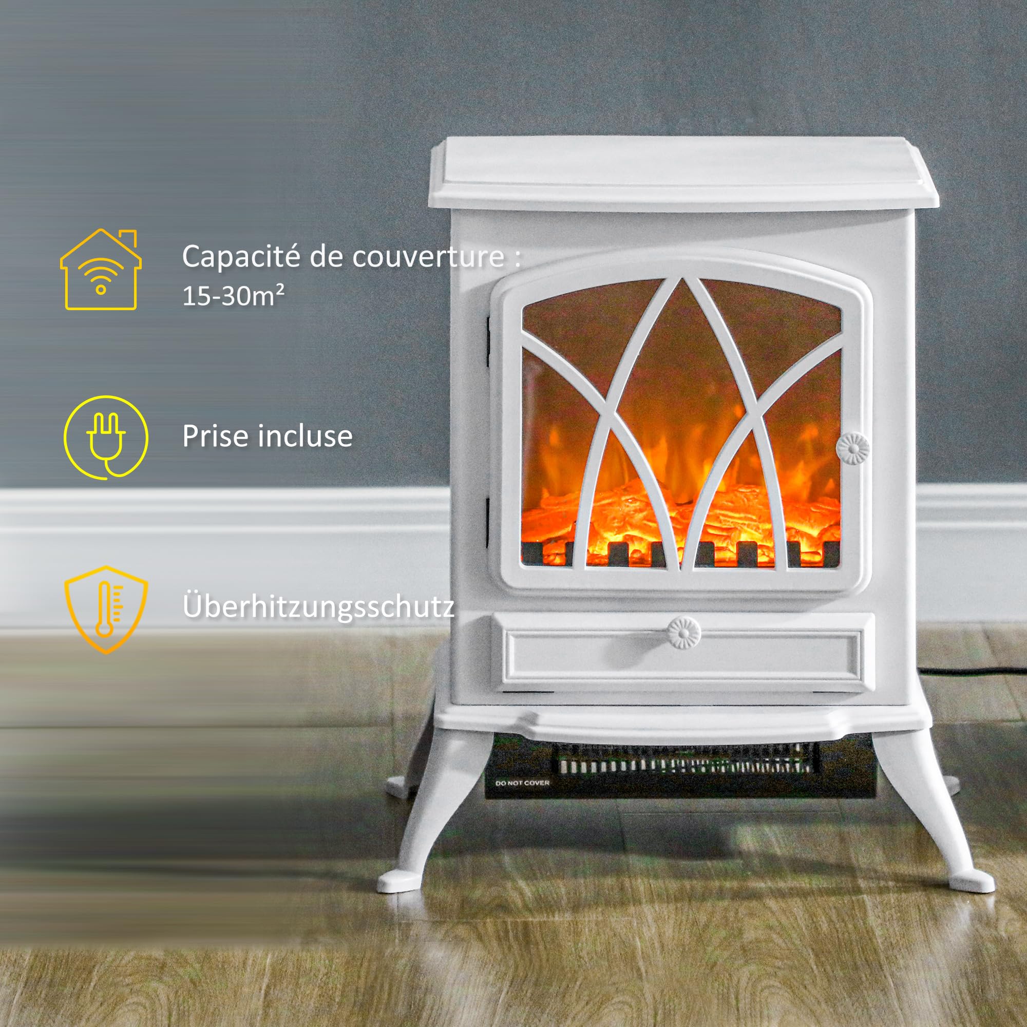 HOMCOM Camino elettrico riscaldante, fiamma LED, 1000/2000W, Bianco | Camino elettrico, decorativo, fiamma elettrica, stufa