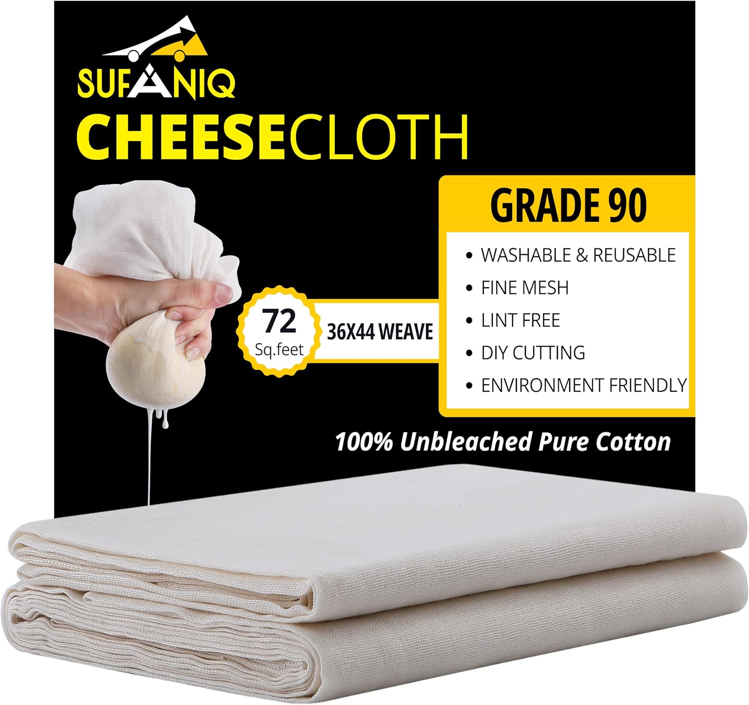 Sufaniq Cheese Cloths, Grade 100 (135 Sq Feet) 100% Pure Cotton Reusable Cheesecloth, Unbleached Ultra Fine Fabric, Cheesecloth for Straining, Premium Butter Muslin Cloth for Straining - 15 Sq Yard