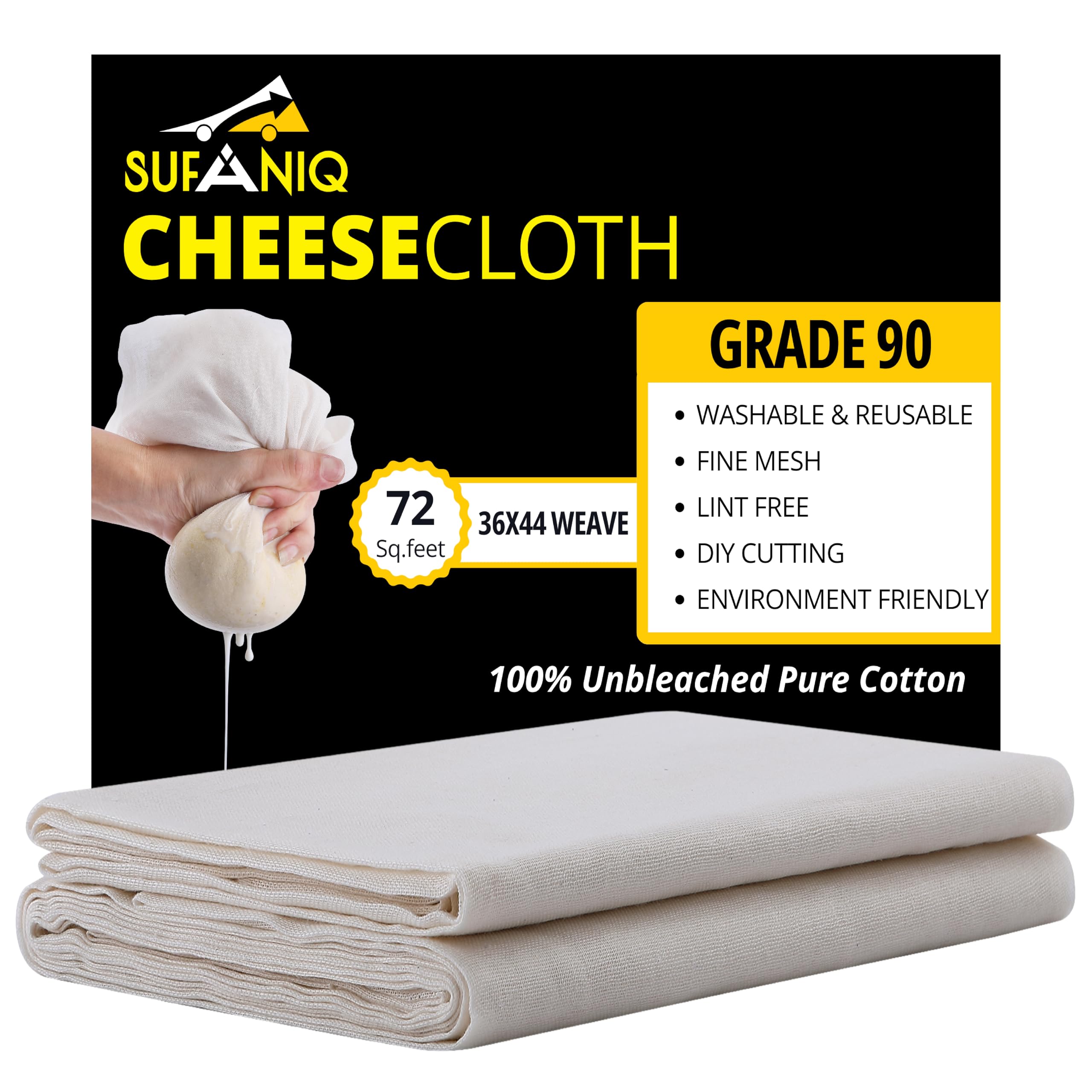 Sufaniq Cheese Cloths, Grade 90 (72 Sq Feet) 100% Pure Cotton Reusable Cheesecloth, Unbleached Ultra Fine Fabric, Cheesecloth for Straining, Premium Butter Muslin Cloth for Straining - 8 Sq Yard
