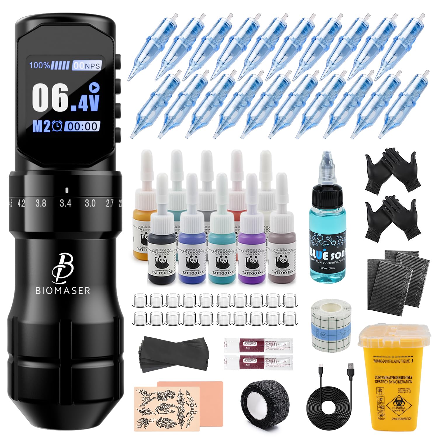 Biomaser Komplettes Kit mit 2200mAh Batterie Wireless Rotary Pen 20 Stück Kartuschen-Nadeln Digitales LED-Pen-Maschine 4,5 mm Hub Länge Kabelloser Maschinen-Pen für Anfänger